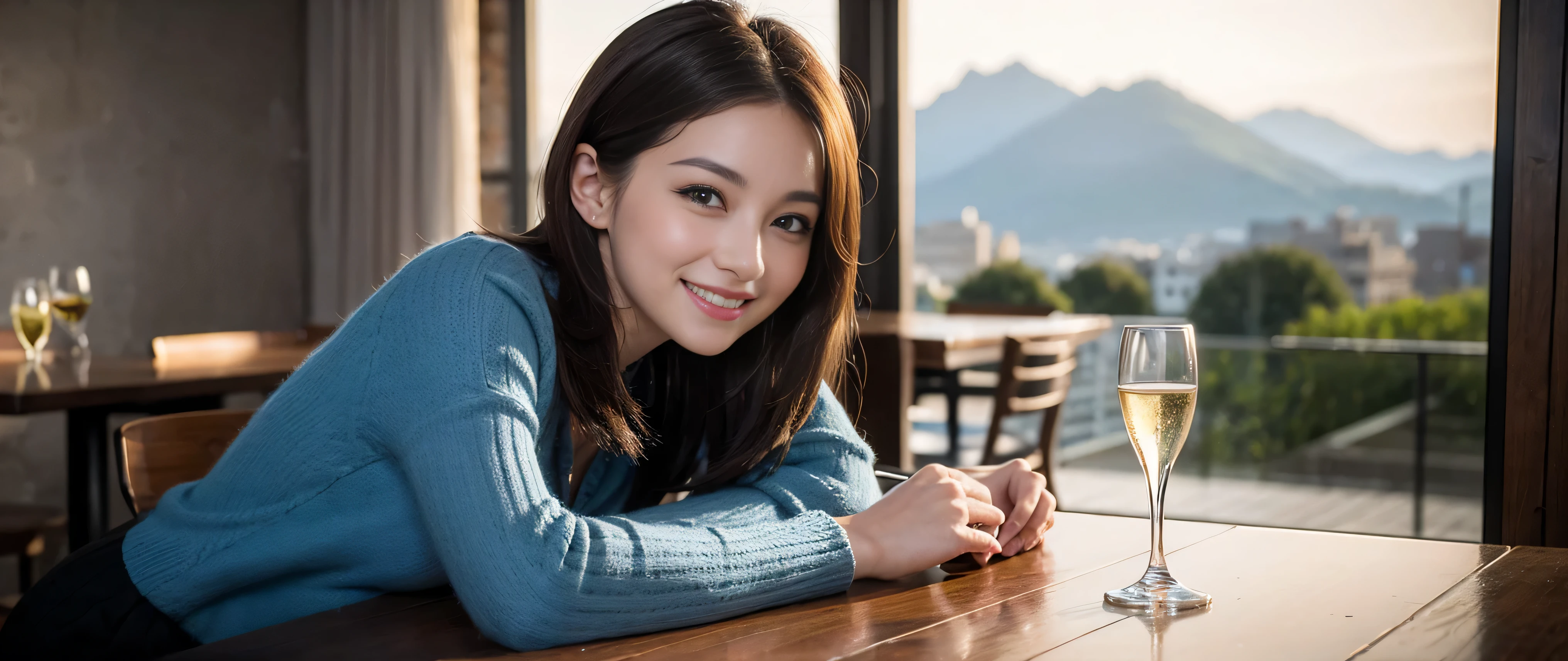 ((highest quality、8k、masterpiece:1.3))、Sharp focus:1.2、Beautiful woman perfect body:1.4、Slim body、((Bob Hale、Straight hair:1.2))、(to be born, highest quality, masterpiece:1.5), (Realistic, Intricate details:1.2), Ultra-high resolution, Spectacular view of the sunset sky and clouds、Amazing mountain views、A bright smile、A lovely woman with a smile、Bright image、2. Wine Beauties, Beautiful Face, blue eyes, The light shines on your face, Blushing, short hair,Bright face、Fox face、 (42 years old), 39 years old, Lady、red wine 、hors d'oeuvre、Italian food、wine bottle、Champagne、sparkling wine、two beauties、brown hair、Shortcuts、Long sleeve shirt、dress、Pretty Woman 1, (slim face), (The body is slim), (brown hair), (Shortcuts), cheeks turn a little red,charming beauty、, Out of the window, A beautiful and detailed night view unfolds.........., restaurant, In a prominent place (From the waist up) Nova Frog Style, actress, model, Upper Body, White wine, slim, wine glass, wine glass placed in the middle, smile, (smile: 1.15), Beautiful fine grain, Depth f/2,saturation, High Contrast, Strong light and shadow,Moist Body:1.5、3D texture、Delicate eyes、brown hair、The hair is very shiny、