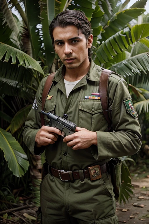piloto estadounidense de la segunda guerra mundial con cazadora de cuero, con una pistola en la mano y abandonado en una selva tropical