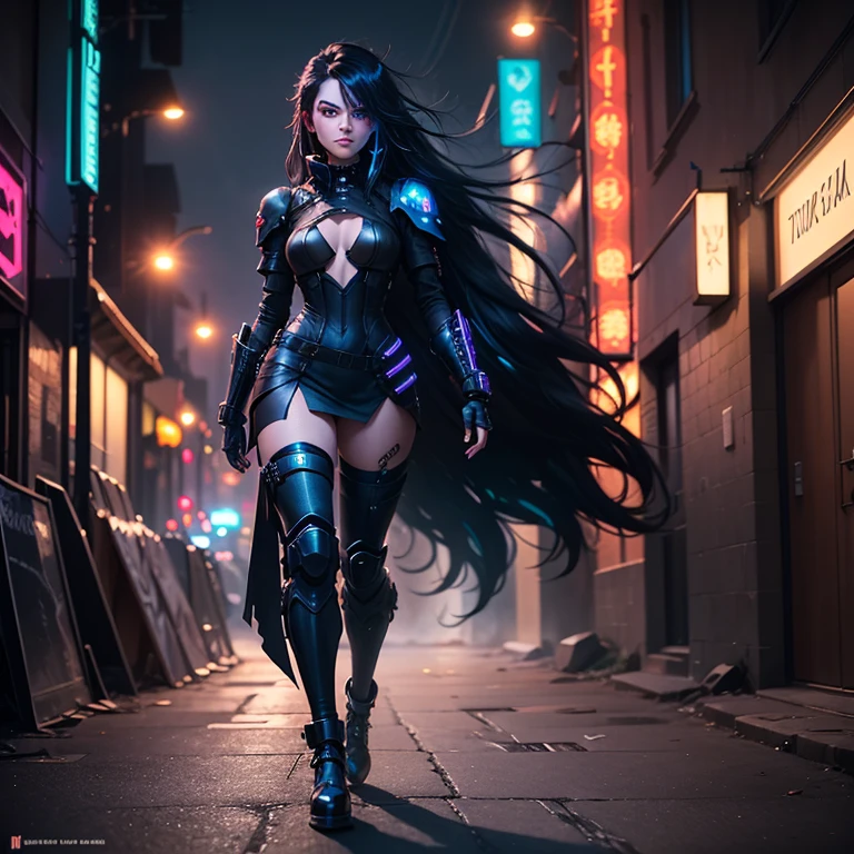 full length,A dark night alley with stone walls and neon signs is a young woman with long black hair with blue streaks, dressed in a black cyberpunk armored suit with exposed parts, walking from an armored car, and her hair fluttering in the wind. a slight sly smile