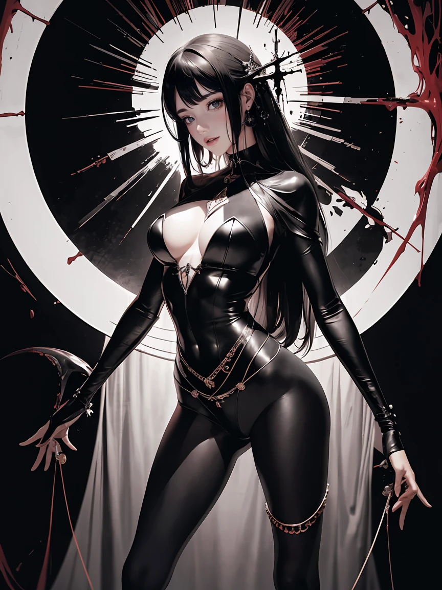 Cynthia Moon, que, posando em um telhado, veste um (body preto justo do homem aranha) com um elegante, texturizado (white web patterns), o traje cobre todo o seu corpo, including her arms, perna, e torso, O terno inclui um (emblema vermelho da aranha) No peito, veste um (red mask) that covers her head, deixando apenas os olhos e a boca expostos, (Longas, Flowing black hair), (full body rendering), (full body view), detalhes finos, hiper-realista, hard disk, 4k, definition, textura, Detalhe perfeito, rosto perfeito, lindo, hiper-realismo, trends on Artstation