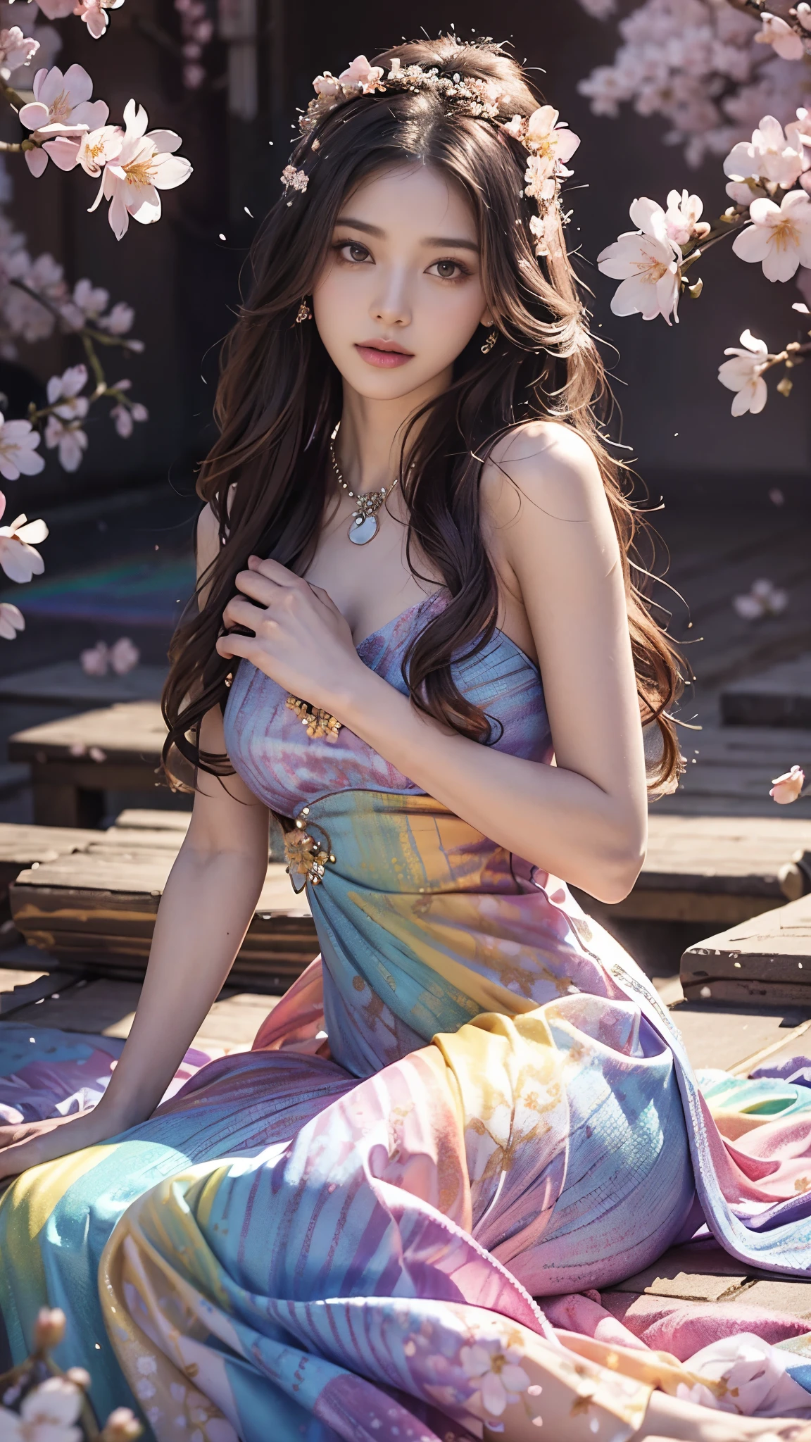 4K, Ultra HD, Masterpiece, 1 girl, (good face:1.4), detailed eyes, very long hair, princess dress, (rainbow dress:1.5), ((loops:1.4)), (jwellery:1.5), (cherry blossom:1.5), (bloom effect:1.5), Detailed Fantasy Art, Stunning Character Art, beautiful Exquisite Character Art, Beautiful, Extremely Detailed, Exquisite Intricate Headdress and Jewellery, perfect body, looking directly at the audience, lovely pose,