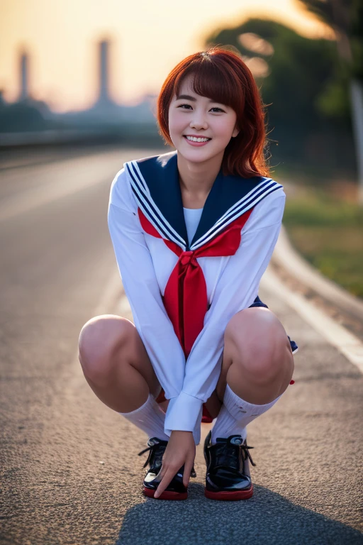 (high quality, High resolution, The finer details), Red clouds surrounding the moon, (赤い満月の夜にSailor suitを着た女性:1.2), Silhouette of skyscrapers in the background, (deep blue sky), Clear and bright moon, (Sailor suit), (Short pleated skirt), Breaking the White Collar, break the red bow, BREAK White Long Socks, destroy black shoes, alone, Curvy Women, Flowing red hair, Sparkling eyes, (Fine grain:1.2), smile, blush, Sweat, Oily skin, Shallow depth of field, Soft moonlight, A faint shadow appears behind her, expensiventic breasts, expensive_Big Breasts
