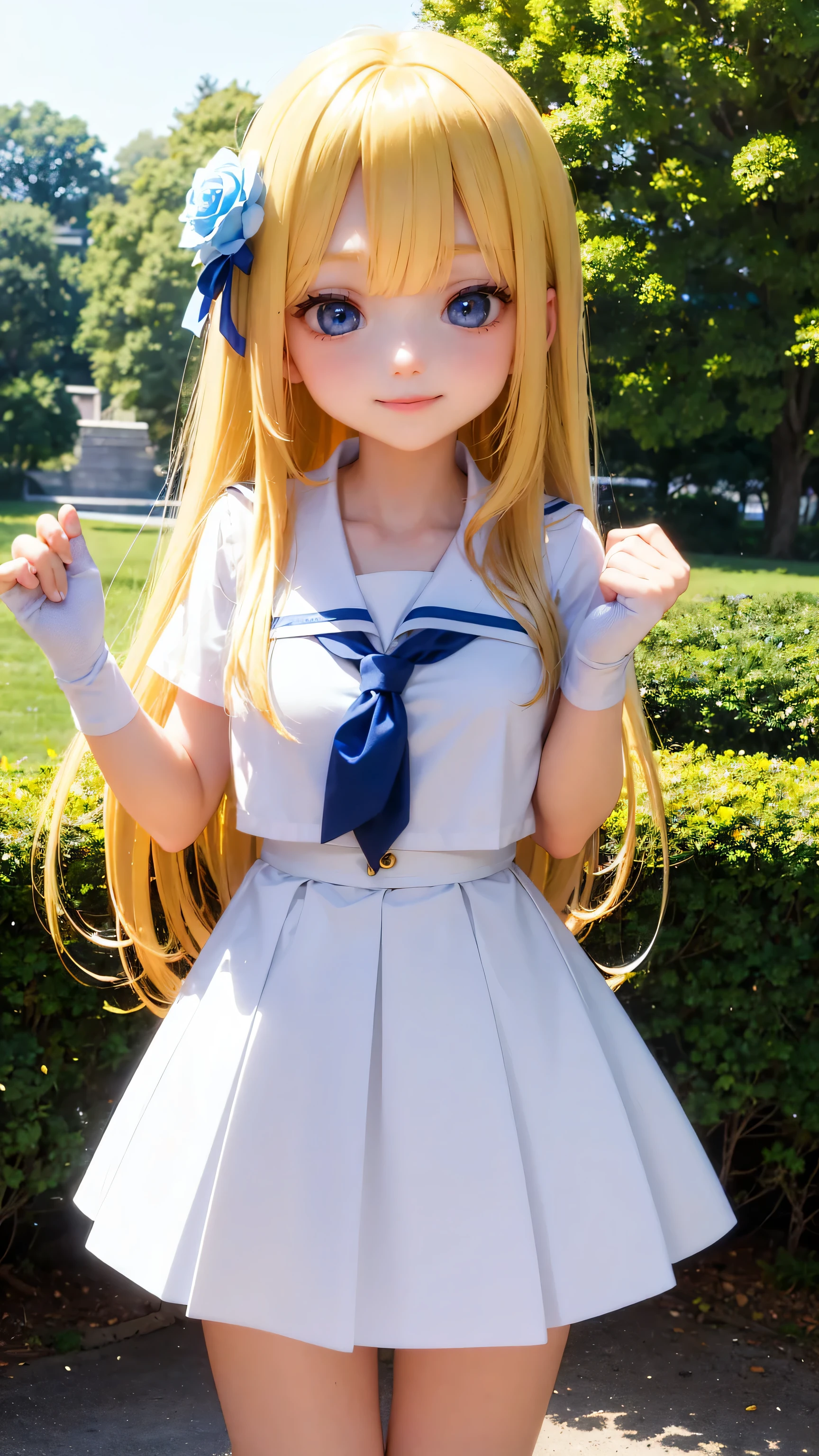 Akizuki Airi from hentai Oni chichi, blonde, long twintails, blue eyes, pregnant, mini skirt, large breast, standing in the park, disgruntled look, blush