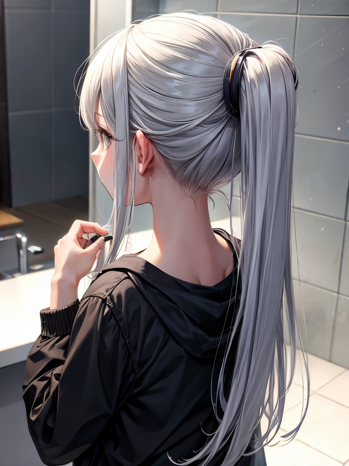 From the back、Long silver hair tied up on top of head、Taking a shower