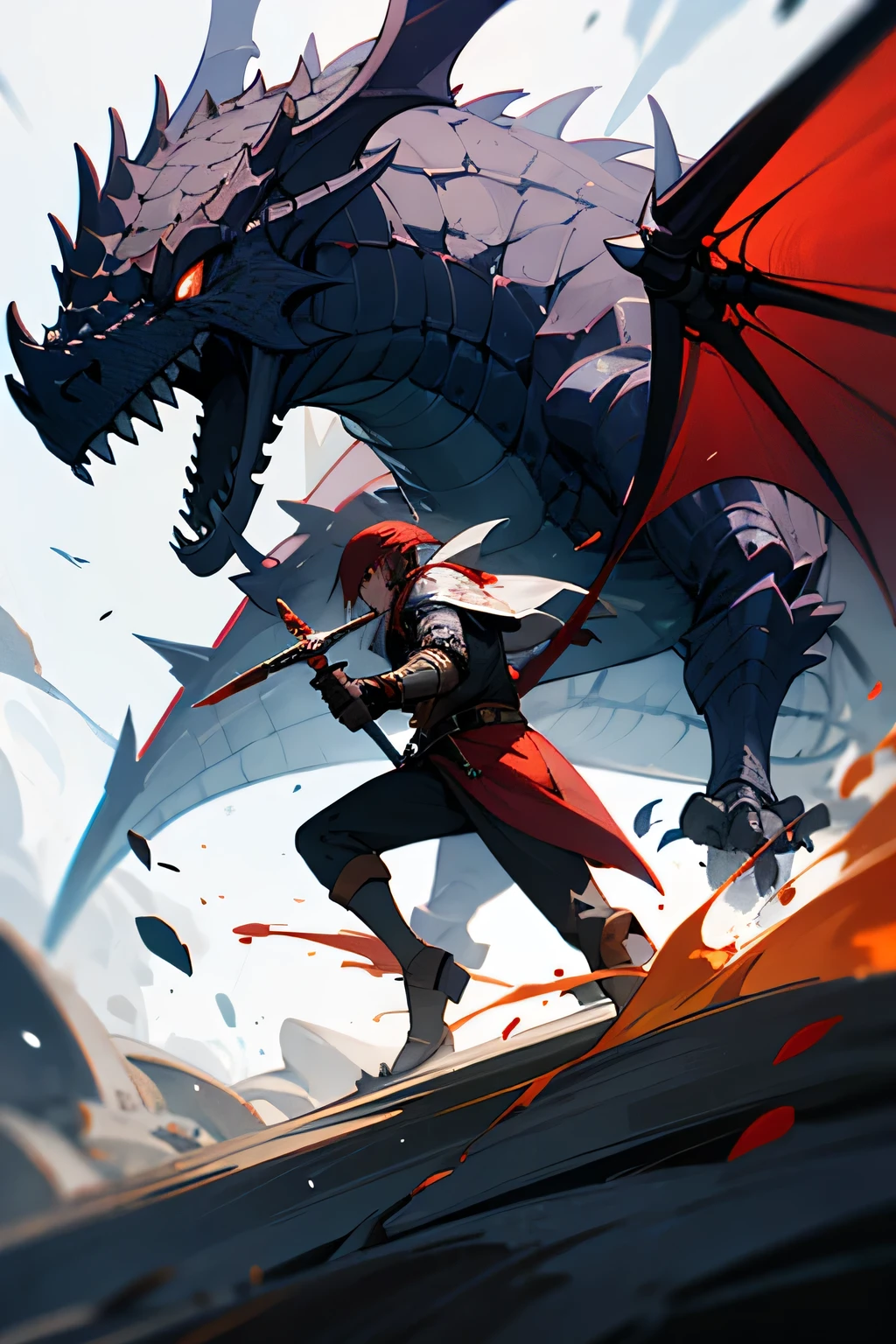 knight with big sword and blood vs dragon