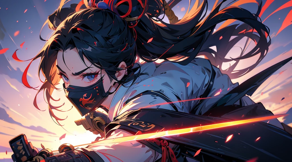 (anime girlwith a mask covering the face, samurai, holding a blade, charing into a fight), sharp focus, ultra-detailed, highres, HDR, intense action, dynamic pose, katana, flowing hair, determined expression, traditional Japanese outfit, katana slicing through the air, vibrant colors, atmospheric lighting, stylized background, traditional Japanese cherry blossoms, motion blur, cinematic composition