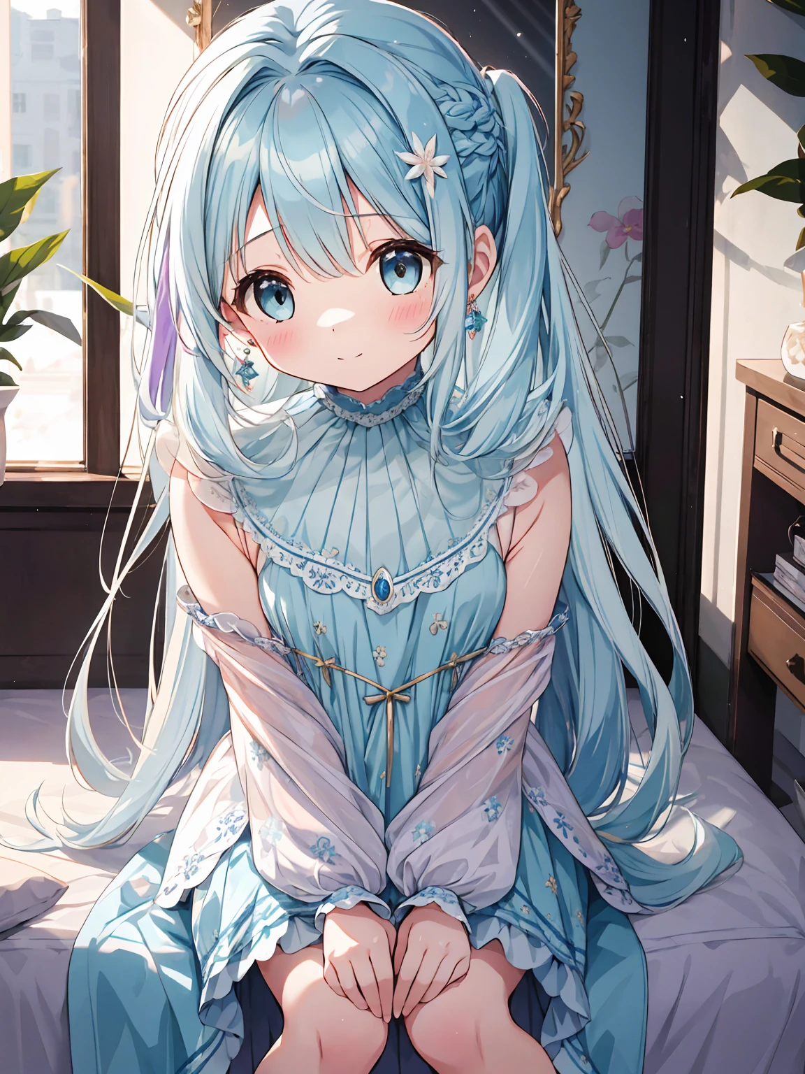 masterpiece, best quality, extremely detailed, (illustration, official art:1.1), 1 girl ,(((( light blue long hair)))), light blue hair, ,10 years old, long hair ((blush)) , cute face, big eyes, masterpiece, best quality,(((((a very delicate and beautiful girl))))),Amazing,beautiful detailed eyes,blunt bangs((((little delicate girl)))),tareme(true beautiful:1.2), sense of depth,dynamic angle,,,, affectionate smile, (true beautiful:1.2),,(tiny 1girl model:1.2),)(flat chest)),, face,(masterpiece, amazing quality)), (unity 8k wallpaper), (absurdres), (ultra detailed, ultra highres: 1.5), (sharp focus),
multicolored hair, bangs, one side up, hairclip, jewelry, earrings,
break
satin nightgown,See-through,
(window, strong light,light leaks,shiny hair,deep shadows,Hard light),((She is sitting in front of the losion cabinet and applying makeup.)),,,,,
break
indoors, room, purple and white stripe printed wall, cute design room, cushion, cuddly toy,mirror