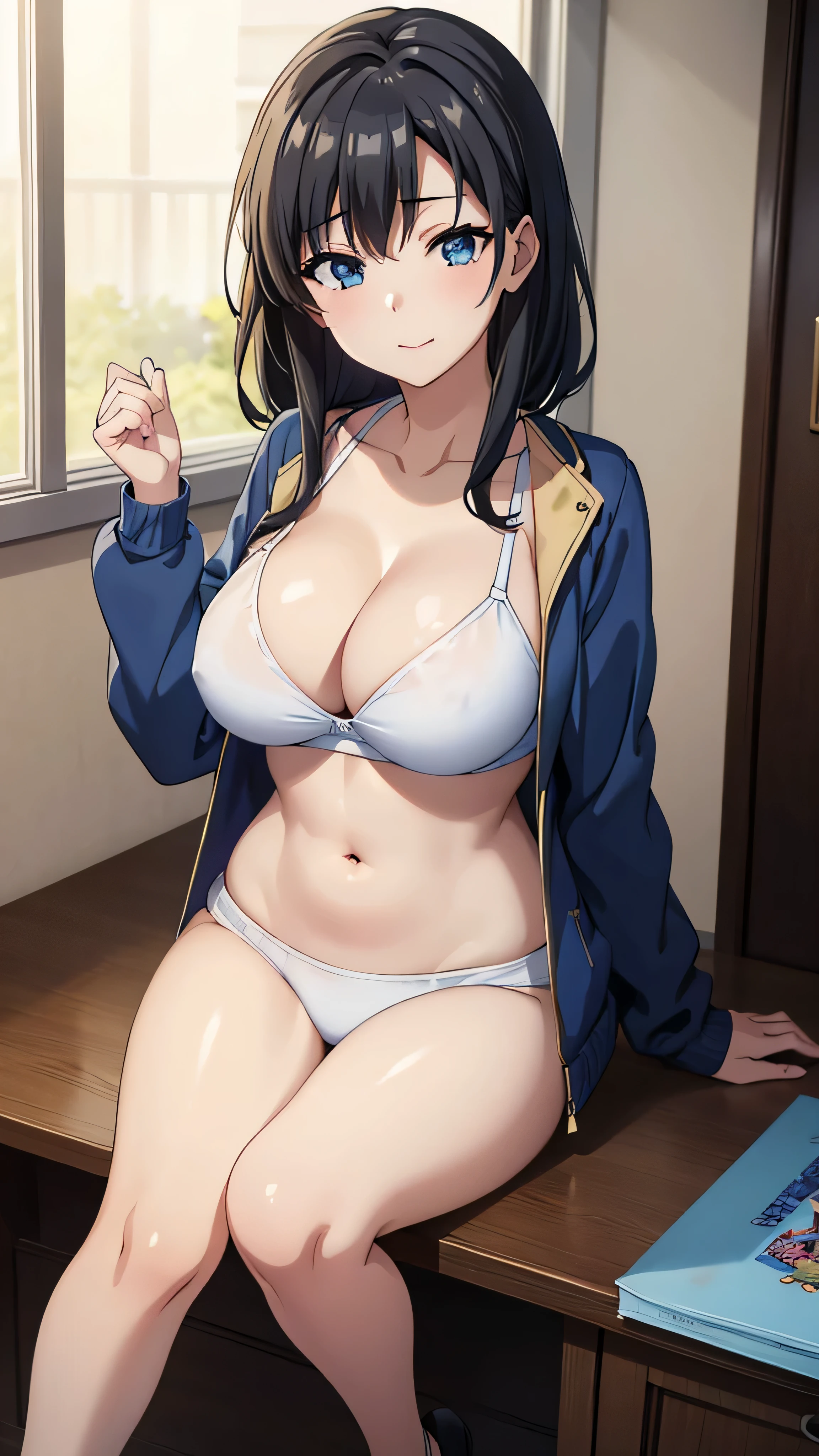 (((masterpiece))),fuyumi itadori, Anime girl characters, 1girl, solo, looking at viewer, medium hair long sleeves, cleavage, bigger breasts, closed mouth, collarbone, jacket, open clothes, open jacket, blue jacket, ground vehicle, sports bra, tall girl, horny, big ass, beautiful face,Charming,  anime visual of a cute girl, screenshot from the anime film, & her expression is solemn, ahegao face, in the anime film, in an anime, anime visual of a young woman, she has a cute expressive face, still from anime, perfect breasts, she is tall, All bodies visible, ahegao face, the face is ahegao, she is horny, A perverted face, she so perverted, she smile so perverted, hd picture, 4k quality, details of the face is so good,bigger breasts, 