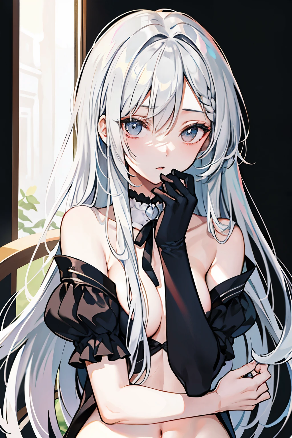 ((highest quality)), ((masterpiece)), (detailed), Perfect Face，Very long hair，Hair on one eye，Half Up，Skinny body，，Silver Hair，nsfw，Show your 