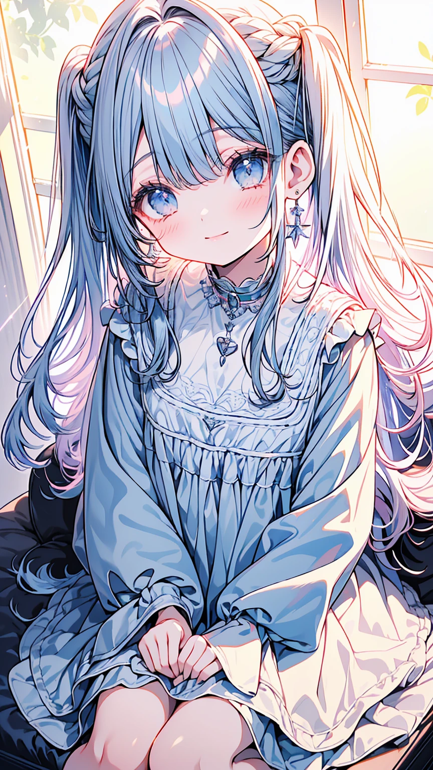 masterpiece, best quality, extremely detailed, (illustration, official art:1.1), 1 girl ,(((( light blue long hair)))), light blue hair, ,10 years old, long hair ((blush)) , cute face, big eyes, masterpiece, best quality,(((((a very delicate and beautiful girl))))),Amazing,beautiful detailed eyes,blunt bangs((((little delicate girl)))),tareme(true beautiful:1.2), sense of depth,dynamic angle,,,, affectionate smile, (true beautiful:1.2),,(tiny 1girl model:1.2),)(flat chest)),, face,(masterpiece, amazing quality)), (unity 8k wallpaper), (absurdres), (ultra detailed, ultra highres: 1.5), (sharp focus), 

multicolored hair, bangs, one side up, hairclip, jewelry, earrings,
break
satin nightgown,See-through,
(window, strong light,light leaks,shiny hair,deep shadows,Hard light),((She is sitting in front of the losion cabinet and applying makeup.)),,,,,
break
indoors, room, purple and white stripe printed wall, cute design room, cushion, cuddly toy,mirror

