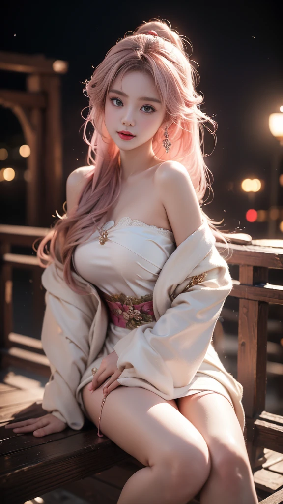 shenzi,1 girl,long hair,pink hair,Purple Eyes,very long hair,hair_decorate,Pink kimono, (masterpiece, best quality:1.2), 1 girl, Solitary, ((Off-shoulder clothes)), ((night)), lantern, Deep into wonderland，The moonlight falls like water，foggy room，Actress&#39;The figure looms，Like a fairy in a painting，Slender sexy legs，Very beautiful legs，exposed sexy，Large Breasts，美丽而又带着一丝mystery的色彩。Her face is beautiful and delicate，Like a finely carved jade，Show extraordinary beauty。How to draw eyebrows，The waves in my eyes are like twinkling stars，Show the light of perseverance and wisdom。The bridge of the nose is straight，Lip color like cherry，The slightly raised corners of the mouth reveal confidence and calmness。Her face is chiseled，Skin as fair as jade，Reveal healthy glow，like a fairy, She never eats fireworks in this world。Her makeup is light and delicate，No excessive embellishment，But it is enough to show her temperament and charm。Light foundation highlights the translucence of the skin，A light eyebrow pencil outlines her perfect eyebrow shape，Eye makeup is eye shadow and eyeliner，Make her eyes brighter and more energetic。嘴唇涂上grace的口红，Add a touch of glamour and sophistication。她的衣服grace别致，Clothes fluttering，As if the wind will blow it up at any time，drifting into the distance。既不失grace，She also demonstrated her extraordinary skills。Swaying with her movements。Her hair is tied back casually，Secure it with hostas，A few strands of hair are fluttering gently in the wind，Adds a bit of softness。Her figure is looming in the fairyland，宛如一道Large Breasts美丽的风景线，Attracted everyone&#39;s concern。She seems like a fairy in wonderland，Beautiful breasts、Huge breasts:1.4Large Breasts美丽、grace、mystery、and full of power。