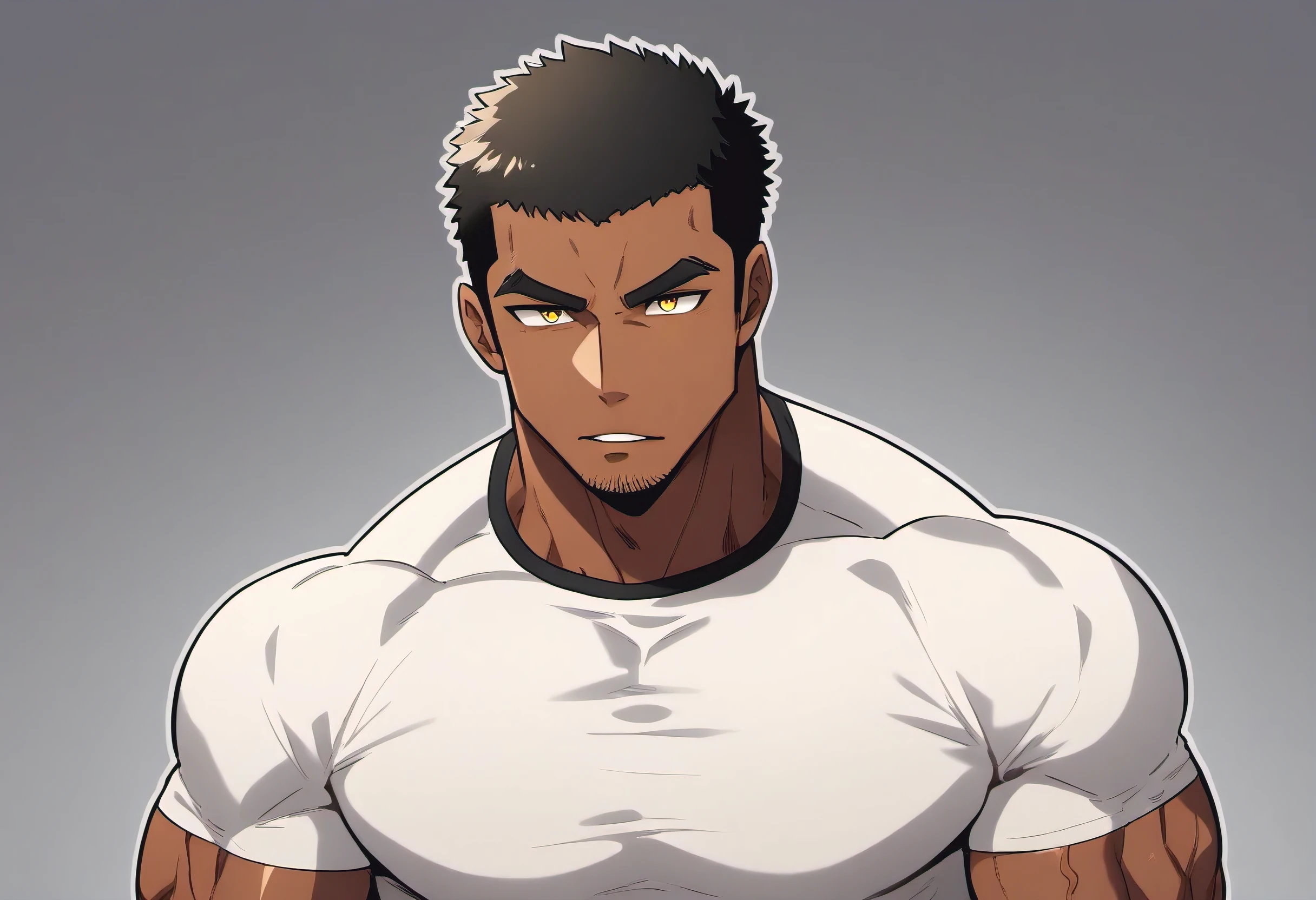 anime characters：Black man, Fitness coach, Dark black skin tone, His skin is pitch black., 1 muscular tough guy, Manliness, male focus, Cream Lycra T-shirt, Very tight, The pectoral muscles are oversized, Slightly transparent, muscular male, muscular, only, Upper body, alone, White short hair, Thick eyebrows, stubble, Yellow eyes, Grey background, simple background, amazing quality, best aesthetics, Ridiculous, bright pupils, crew cut, parted lips, seductive smile, torogao, naughty face, drop shadow, best quality