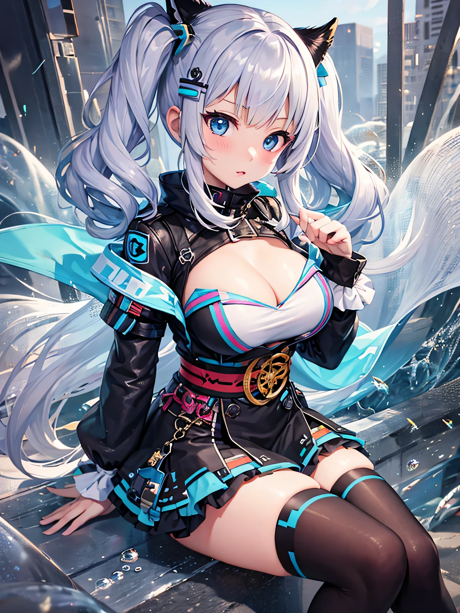 Kaguya Luna、High resolution、Virtual YouTuber、One Girl、, Red knee socks, Twin tails, blue eyes, hair ornaments, sash, Cleavage、No sleeve、Hair Clip、Grey Hair、Black clothing、Red belt、Big Breasts