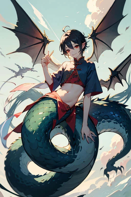 8 year old male lamia、Dragon、chinese clothes、Belly button、Long nails、big wings、over the sky、Floating、Large depiction of the upper body、smile、Delicate face