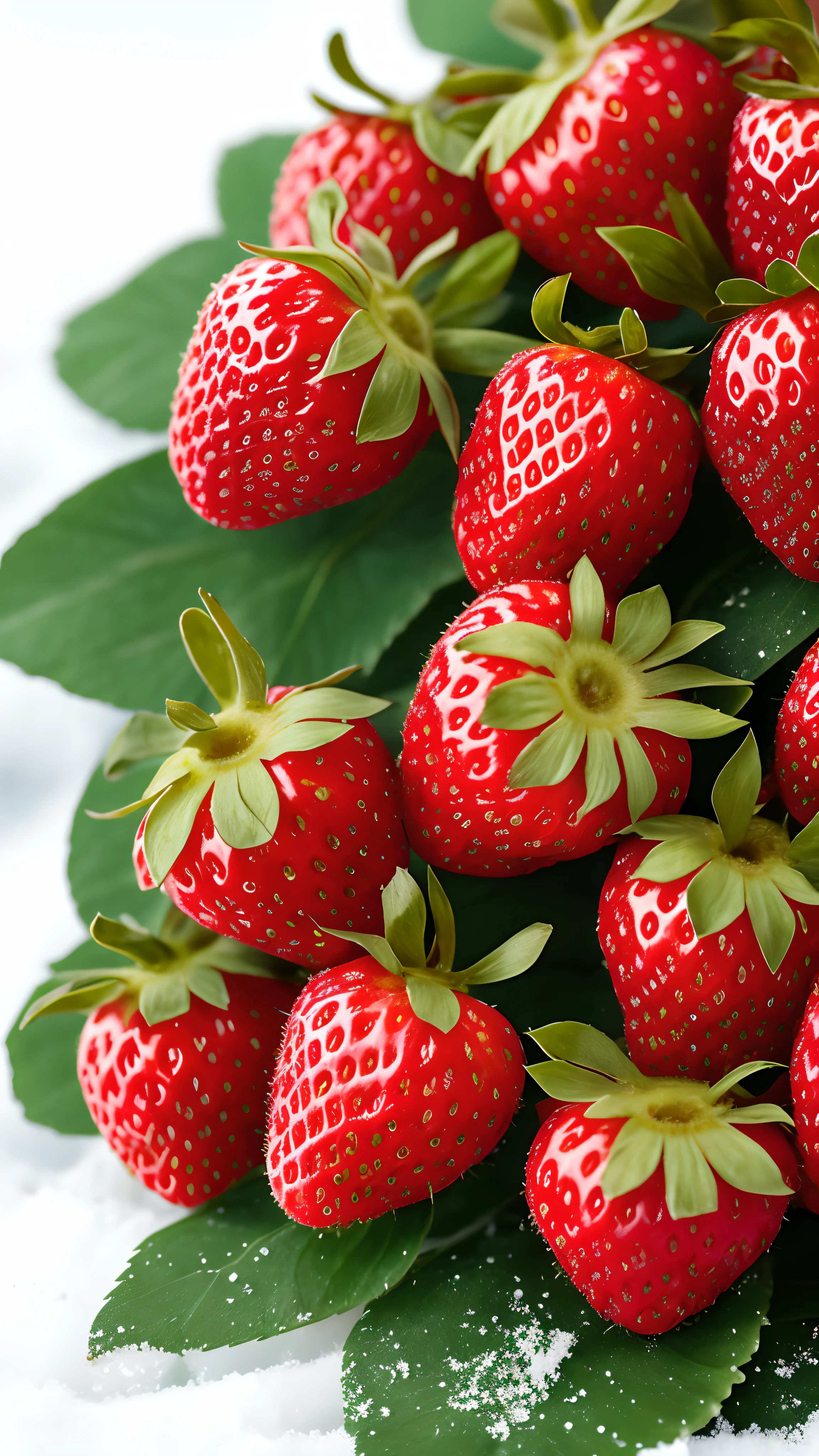 ,A strawberry plant, (Detailed realism), (Macro close-up), high resolution, (4K resolution), Single plant, (snow), (Bright red fruit), (Green Leaf), Small size, (Dew Drops), (Shallow and deep), Emphasis on Fruit.