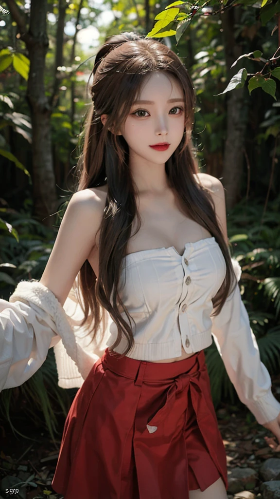 masterpiece,real photos,looking into camera,night time，HDR backlight，Contour light，Shallow depth of field，reddish brown long straight hair，Elegant Chinese beauty,Smile,dancing in the forest, Wearing a strapless cardigan dress，The breeze blew her face，The skirt is flying and rhythmic