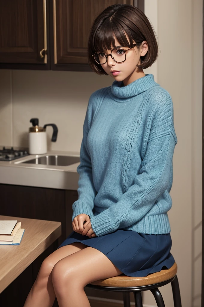 brown hair tanned skin Looking up Very short hair with bangs dull appearance Girl Blue Jumper Skirt live-action Glasses reading