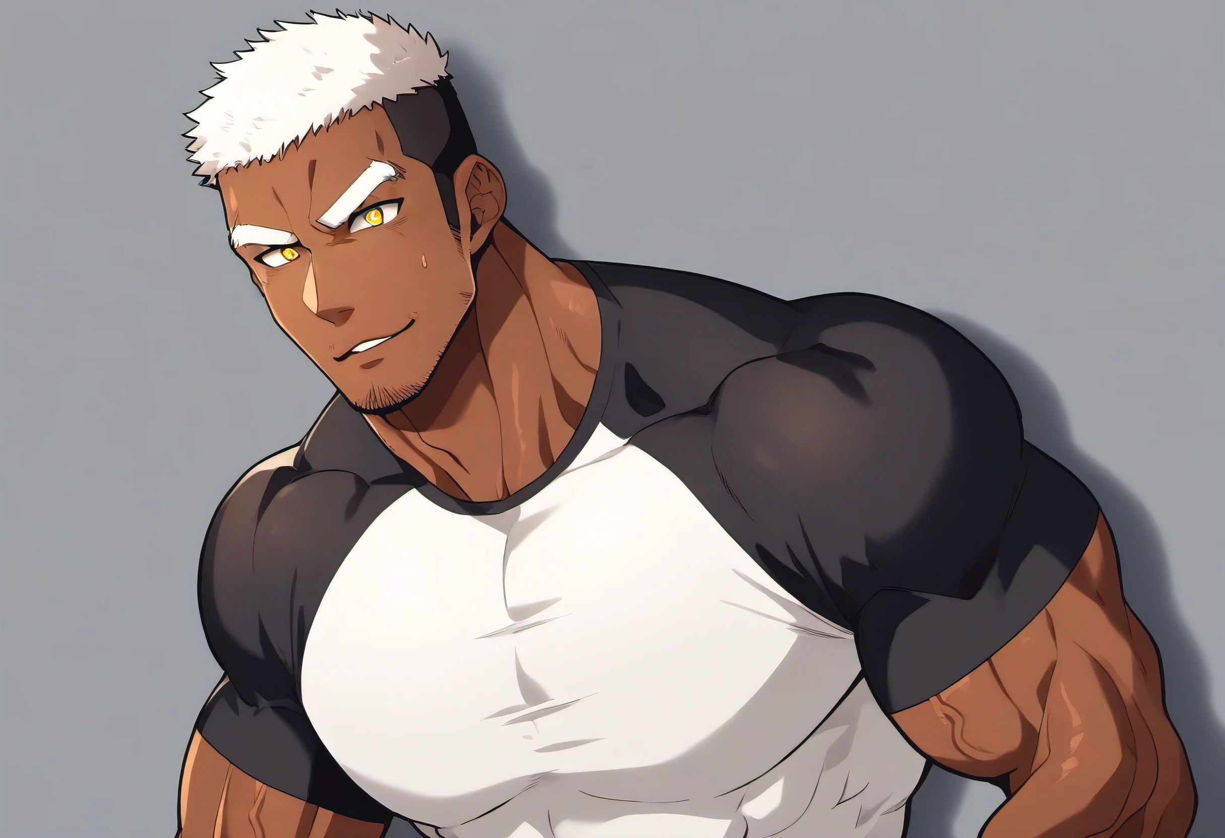 anime characters：Black man, Fitness coach, Dark black skin tone, His skin is pitch black., 1 muscular tough guy, Manliness, male focus, Cream Lycra T-shirt, Very tight, The pectoral muscles are oversized, Slightly transparent, muscular male, muscular, only, Upper body, alone, White short hair, Thick eyebrows, stubble, Yellow eyes, Grey background, simple background, amazing quality, best aesthetics, Ridiculous, bright pupils, crew cut, parted lips, seductive smile, torogao, naughty face, drop shadow, best quality