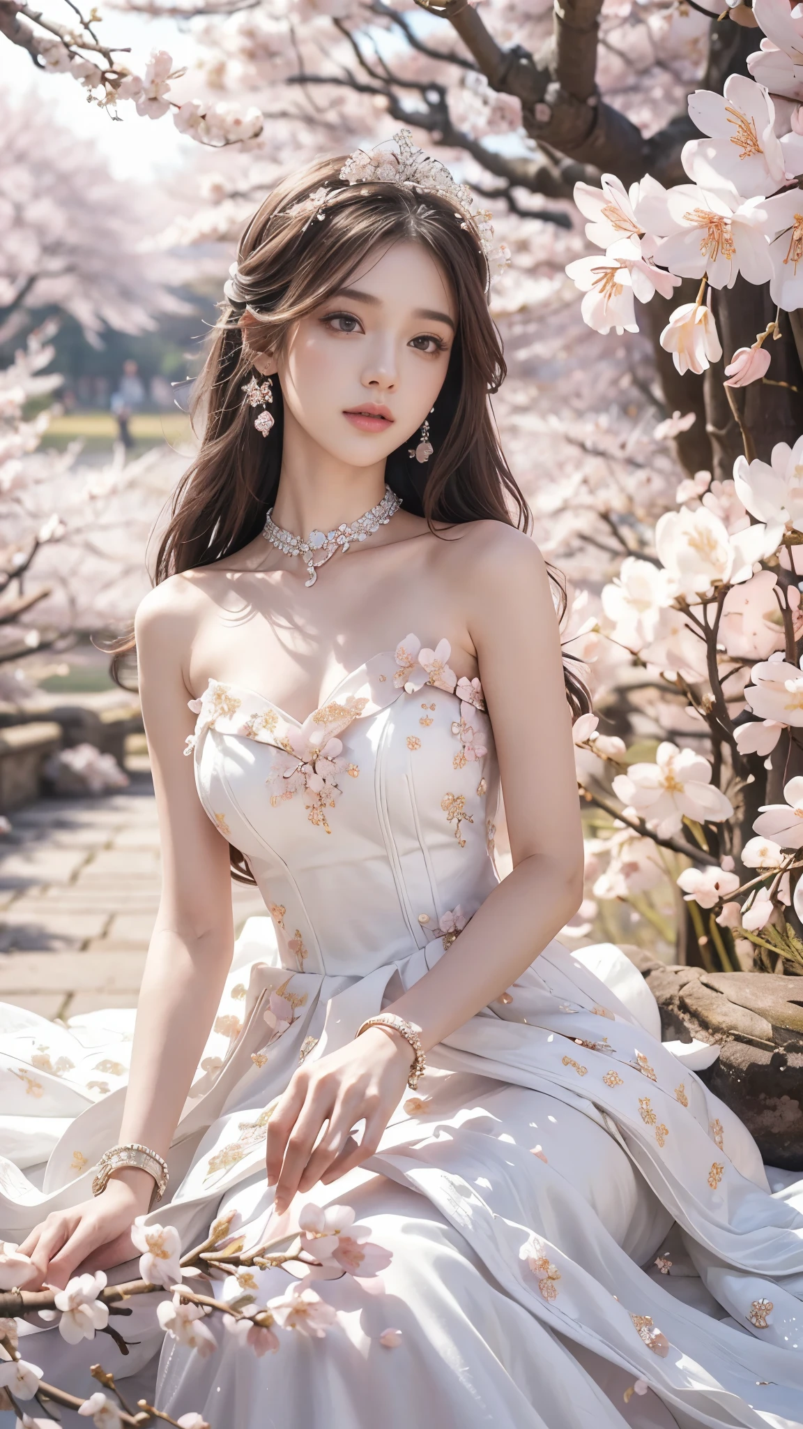 4K, Ultra HD, Masterpiece, 1 girl, (good face:1.4), detailed eyes, very long hair, princess dress, (white dress:1.5), ((loops:1.4)), (jwellery:1.5), (cherry blossom:1.5), (bloom effect:1.5), Detailed Fantasy Art, Stunning Character Art, beautiful Exquisite Character Art, Beautiful, Extremely Detailed, Exquisite Intricate Headdress and Jewellery, perfect body, looking directly at the audience, upper body,
