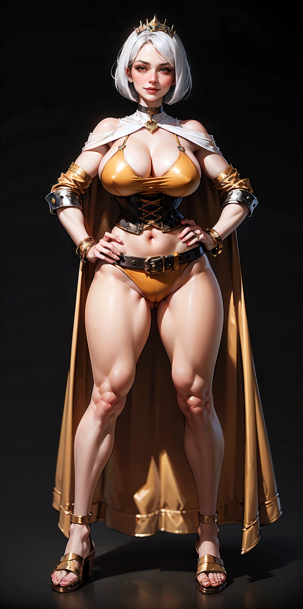((BLACK BACKGROUND,1:2, masterpiece)), full body MILF BIMBO standing with two long thighs and two high heels, red eyes, silver white hair, short bob style hair, big breasts, cleavage, separate sleeves, tiara royal, long cape up to two feet, yellow bikini, hands on waist, navel, lustful smirking smiling, smile face (red blushed, red cheeks), metal shoulders, gold sleeveless armbands, black leather choker slave collar, shackle bracelets, sex slave red crest, full body MILF BIMBO standing with two long thighs and two metal sandals, red eyes, silver white hair, short bob style hair, big breasts, cleavage, separate sleeves, tiara royal, long cape up to two feet, yellow bikini, hands on waist, navel, lustful smirking smiling, smile face (red blushed, red cheeks), metal shoulders, gold sleeveless armbands, black leather choker slave collar, shackle bracelets, sex slave red crest, pauldrons, breastplate, corset, eye focus, full body, whole body. 1solo . slave fighter, loincloth standing, hands on hips, metal sandals, backpack, choker, big belt, view from below, feet together, bracers, tiara)