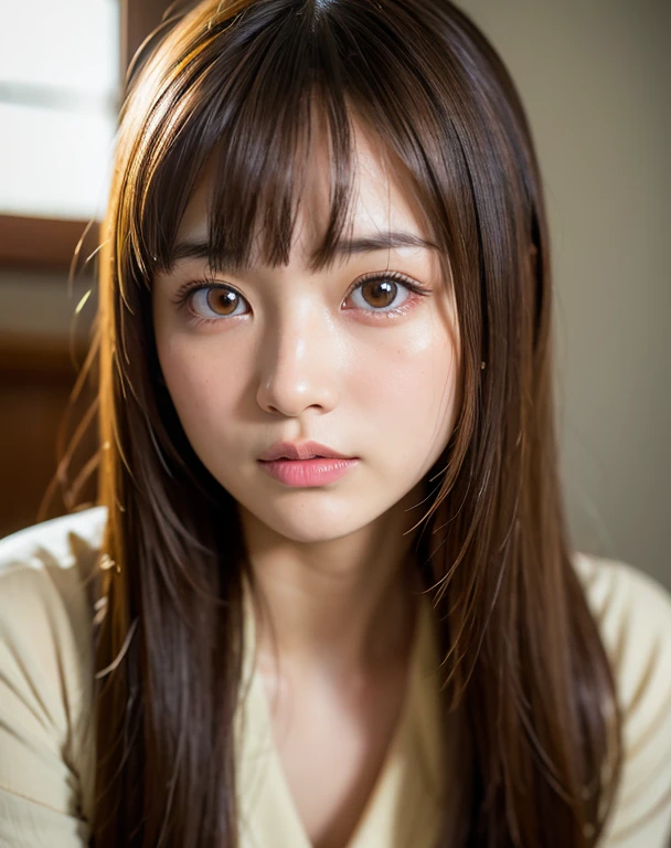 highest quality, Face Focus, Soft Light, Ultra-high resolution, (Realistic:1.4), RAW Photos,
1 Japanese girl, alone, cute, (pupil, Light in your eyes),  Beautiful face in every detail, (),(High resolution detail of human skin texture),
(Long Hair),
indoor,
Damask Shirt Dress,
(Portraiture)