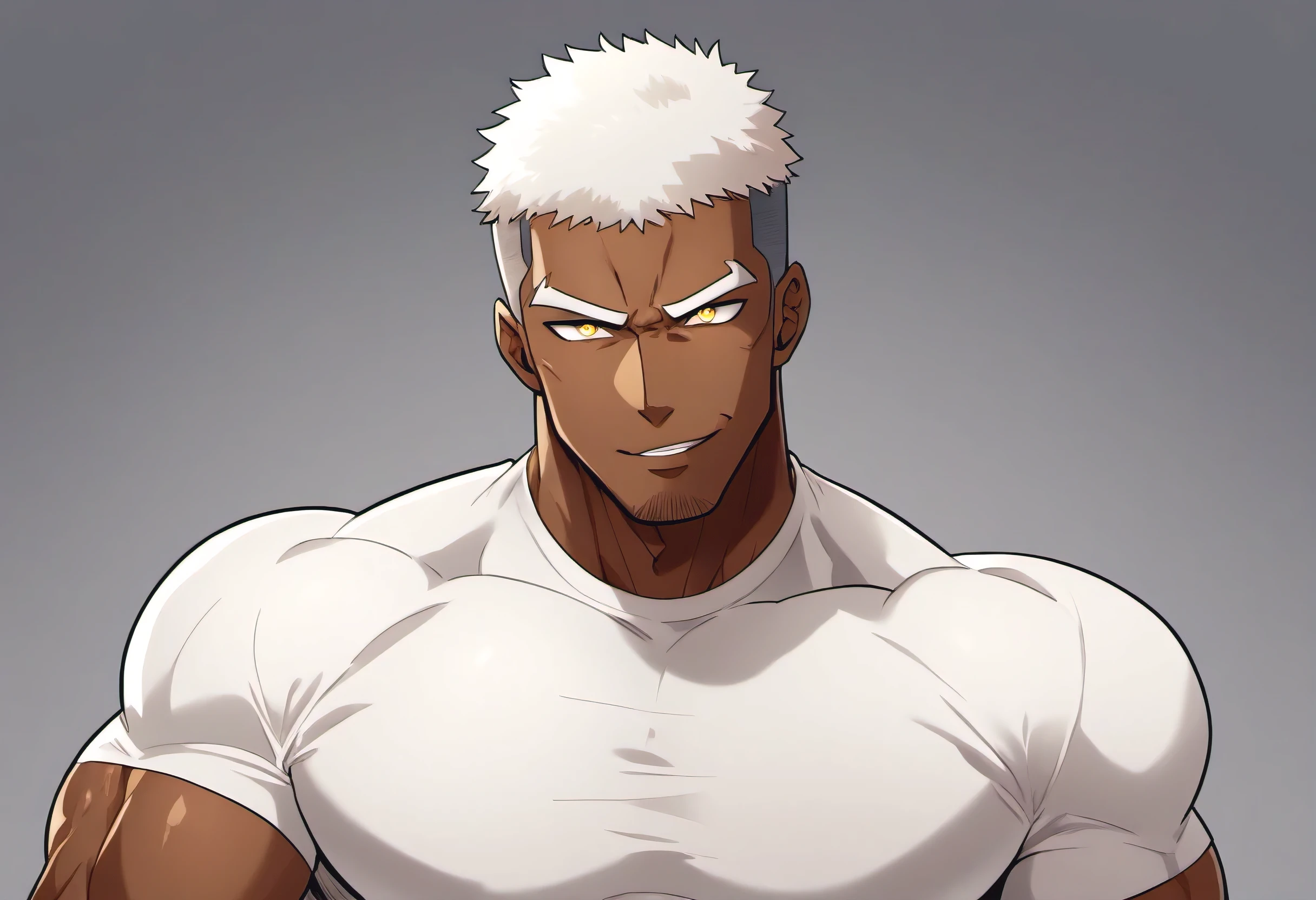 anime characters：Black man, Fitness coach, Dark black skin tone, His skin is pitch black., 1 muscular tough guy, Manliness, male focus, Cream Lycra T-shirt, Very tight, The pectoral muscles are oversized, Slightly transparent, muscular male, muscular, only, Upper body, alone, White short hair, Thick eyebrows, stubble, Yellow eyes, Grey background, simple background, amazing quality, best aesthetics, Ridiculous, bright pupils, crew cut, parted lips, seductive smile, torogao, naughty face, drop shadow, best quality