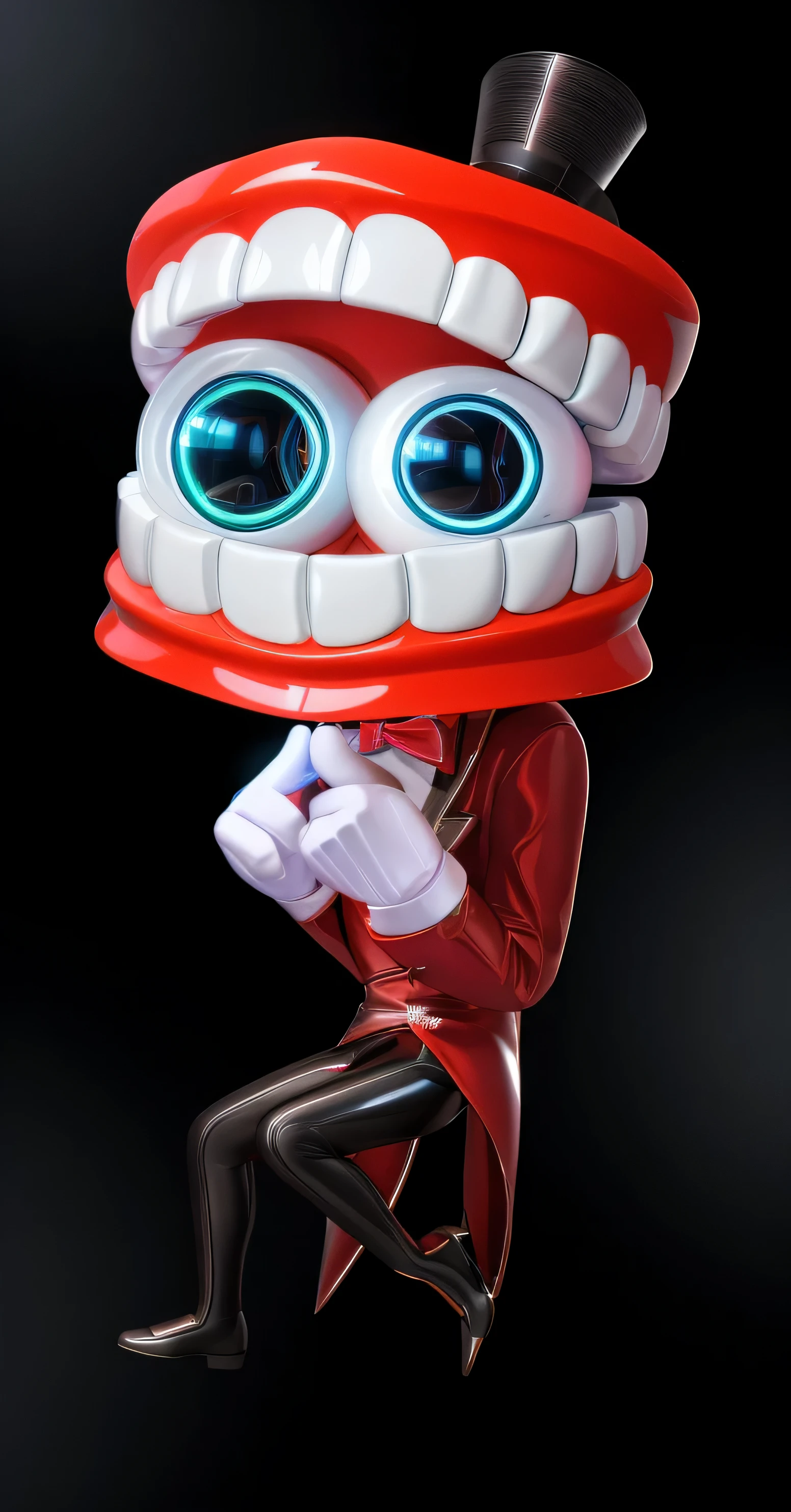 The image depicts a three-dimensional character with a large smile as a head, wearing a red suit and a top hat. The character has green eyes and is sitting on a chair. glossy texture, smooth 3d model, multiple light sources, rim light, sharp post effects render, (glossy plastic texture with multiple big light probe refractions), perfect cgi, smooth silhouette, high intensity refraction, (super glossy material), most beautiful vfx, blue background, plastic refractions, realistic, 4k, high resolution, rim light, photo shoot, commercial photo, profile shot, 4k, rim light, high resolution, 4k, glossy texture, smooth 3d model, multiple light sources, rim light, sharp post effects render, (glossy metallic texture with multiple big light probe refractions), perfect cgi, cgi art created only with gradients, smooth silhouette, high intensity refraction, (super glossy chrome material), most beautiful vfx, blue background, chrome metal refractions, multiple light sources, rim light, sharp post effects render, perfect cgi, digital art, detailed digital art, reflective, best quality, 4k, masterpiece:1.2, ultra-detailed, realistic, vivid colors, dark and moody lighting, The image of the highest quality, ensuring every detail showcased perfectly. It in 4k resolution, allowing viewers to immerse themselves in the richness of the colors and intricate details. The realistic rendering. under the spotlight, reflecting, high-resolution image, realistic rendering, dark background, and rim light photorealistic