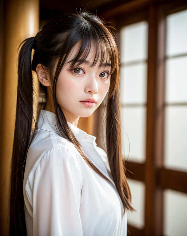 highest quality, Face Focus, Soft Light, Ultra-high resolution, (Realistic:1.4), RAW Photos,
1 Japanese girl, alone, cute, (pupil, Light in your eyes), Beautiful face in every detail, (),(High resolution detail of human skin texture),
(Long Hair),Twin tails、
indoor,
Damask Shirt Dress,
(Portraiture)