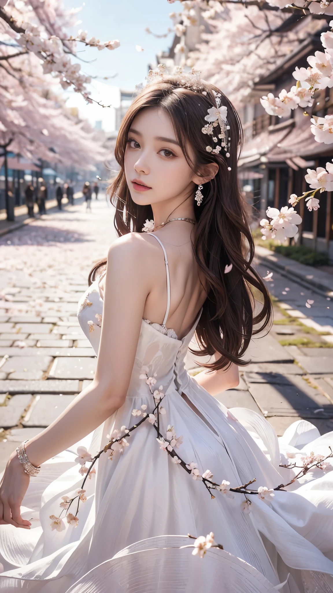 4K, Ultra HD, Masterpiece, 1 girl, (good face:1.4), detailed eyes, very long hair, princess dress, (white dress:1.5), ((loops:1.4)), (jwellery:1.5), (cherry blossom:1.5), (bloom effect:1.5), Detailed Fantasy Art, Stunning Character Art, beautiful Exquisite Character Art, Beautiful, Extremely Detailed, Exquisite Intricate Headdress and Jewellery, perfect body, looking directly at the audience, back upper body,