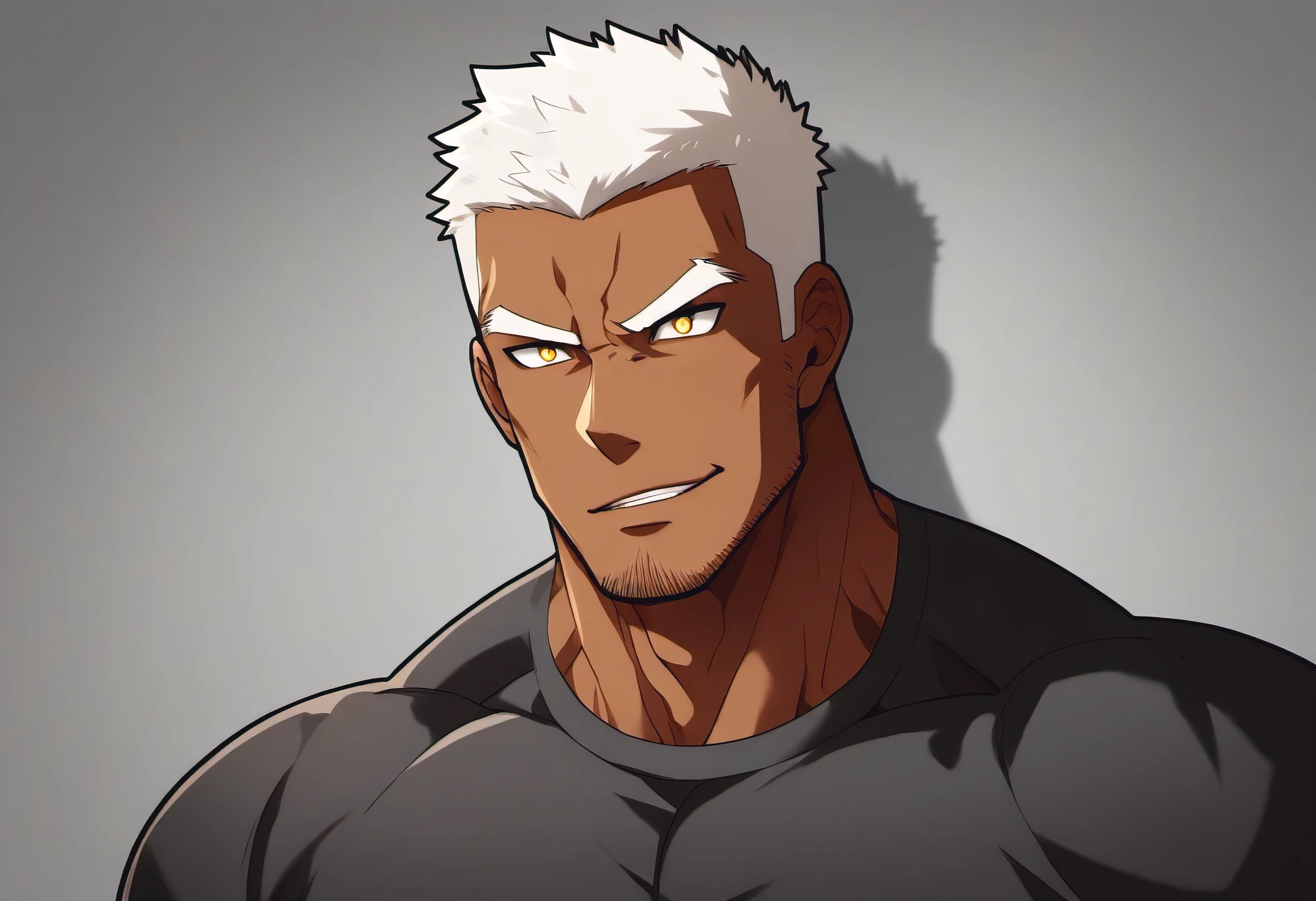 anime characters:Black man, Fitness coach, Dark black skin tone, His skin is pitch black., 1 muscular tough guy, Manliness, male focus, Cream Lycra T-shirt, Very tight, The pectoral muscles are oversized, Slightly transparent, muscular male, muscular, only, Upper body, alone, White short hair, Thick eyebrows, stubble, Yellow eyes, Grey background, simple background, amazing quality, best aesthetics, Ridiculous, bright pupils, crew cut, parted lips, seductive smile, torogao, naughty face, drop shadow, best quality