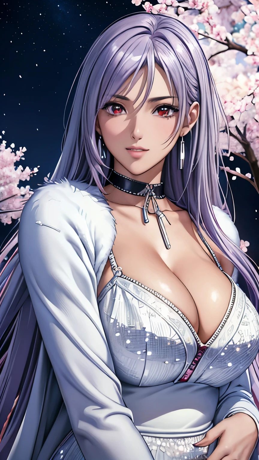 red eyes, (highest quality, masterpiece painting:1.3), immature woman, 16 years old, (half body shot), masterpiece, ultra high resolution, (Photoreal:1.0), ((light purple hair)),straight hair, beautiful shining hair, white and shining skin, ((Ultra realistic details)), octane rendering, highly detailed face, (big breasts:0.8), (make a heart with hands), ((White gold sequin long dress studded with silver, white fur coat)),Gift Ribbon,More about neon colors,Put it in a nice photo frame and display it,Blue Nails, open neckline, cleavage, perfect body, soft skin, White cherry blossom embroidery pattern, silver earrings,（milky way galaxy), Hair flutters under the influence of the wind, Japanese garden with beautiful cherry blossoms at night, Mysterious night sky, Beautiful Landscapes, sharp focus, intricate details, professional artwork, (bright colors:1.1), bright colors, diffused lighting, digital blending, ultra-definition body, ultra detail hair, super detailed face, that&#39;It&#39;s trending on pixiv, top button open, Cute gaze, compensate, perfect lips, perfect compensate, Ultra-precision coating, (light_smile:0.8), (Very embarrassed:1.2), blush your nose,