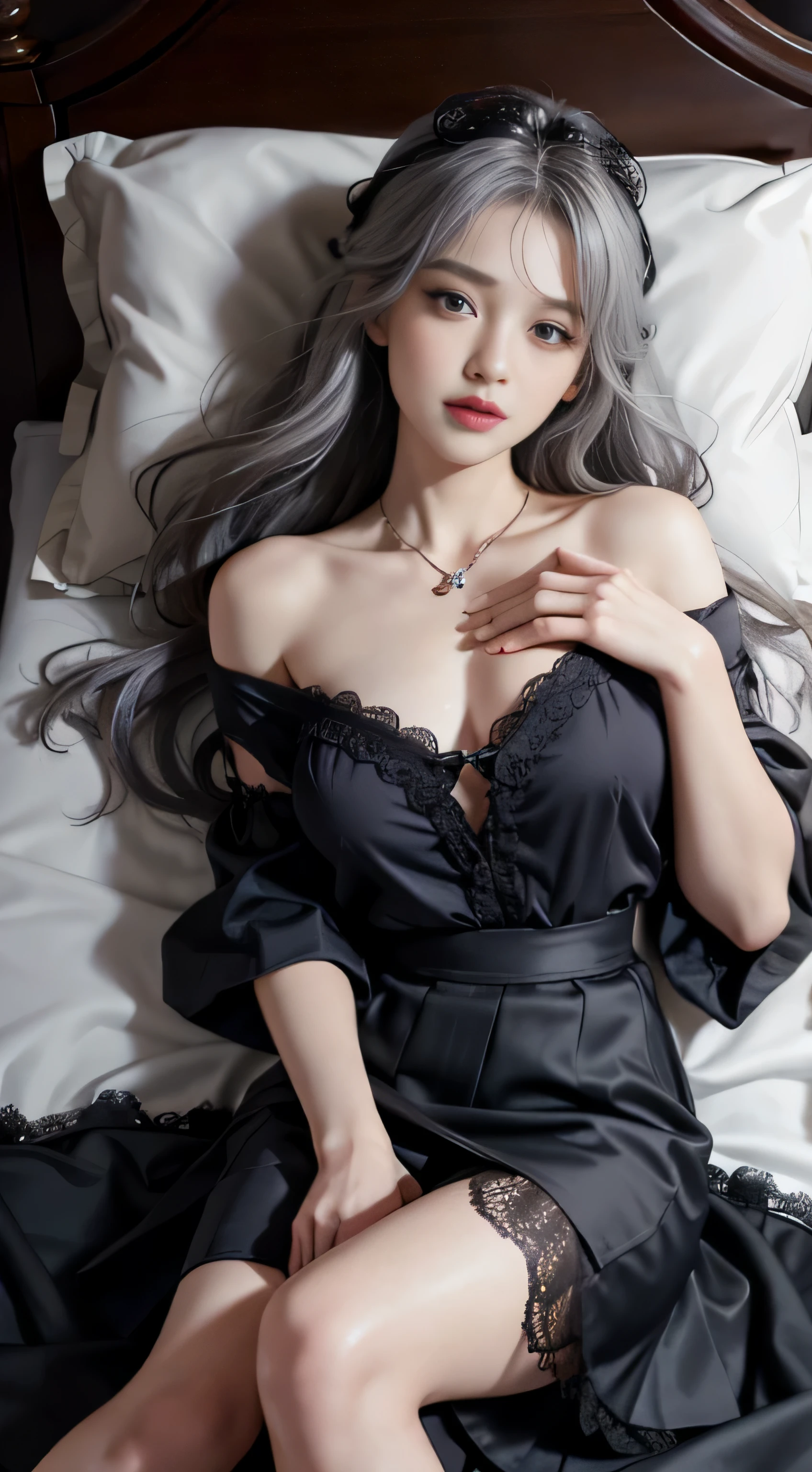 ((best qualtiy)),((Superior Quality, 8K, tmasterpiece: 1.5)), Pubic area is clear: 1.2, Perfect Body Beauty: 1.4, Breasts are big, Silvery hair, Grey openwork sweater，Tong，wetted skin, The areola is visible, ssmile，Sleeping on the bed，Film texture，