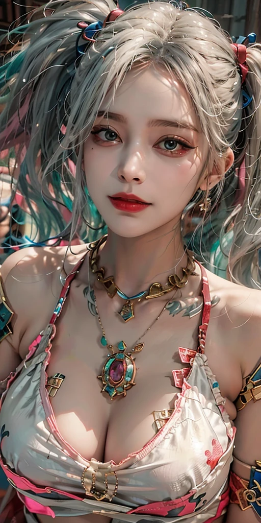 lifelike, high resolution, Soft Light,1 female, Solitary, Hip lift, (Delicate face), jewelry, Harley Quinn Costume, jewelry, Tattoo beautiful breasts、Huge breasts:1.4 Beautiful Breasts、Huge breasts:1.4