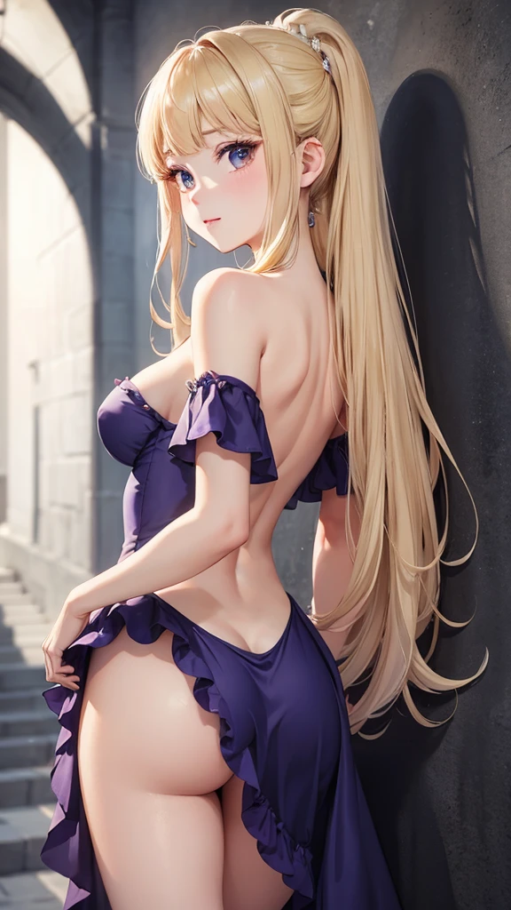 highest quality、4K quality、lean against the wall、Beautiful 、Off-the-shoulder evening dress、Beautiful Style、tall、Small breasts、ttocks、Small de roll、Shy fac0 year old princess、Bare shoulders、grab the skirt、ultra detail eye,Shooting from behind