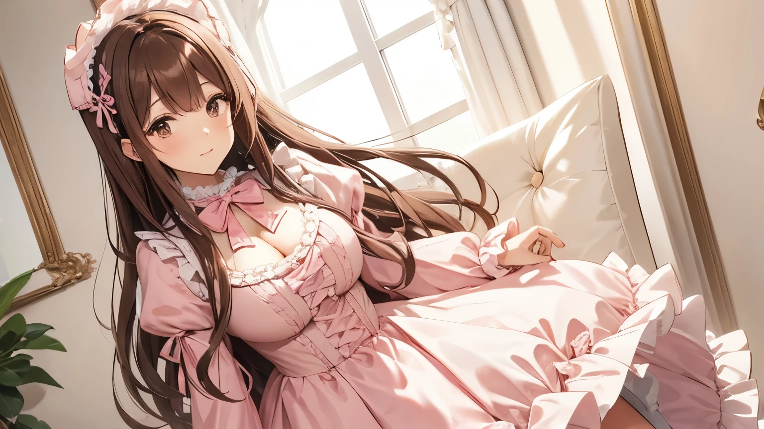 A beautiful woman wearing a pink and white puff-sleeved sweet ta dress with lots of frills and lace Brown hair half-up Upper Body Big Breasts