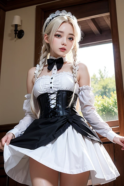 ((Photo taken from below))、white hair dreadlocks,Beautiful maid、Corset wearing、whole body、mini skirt