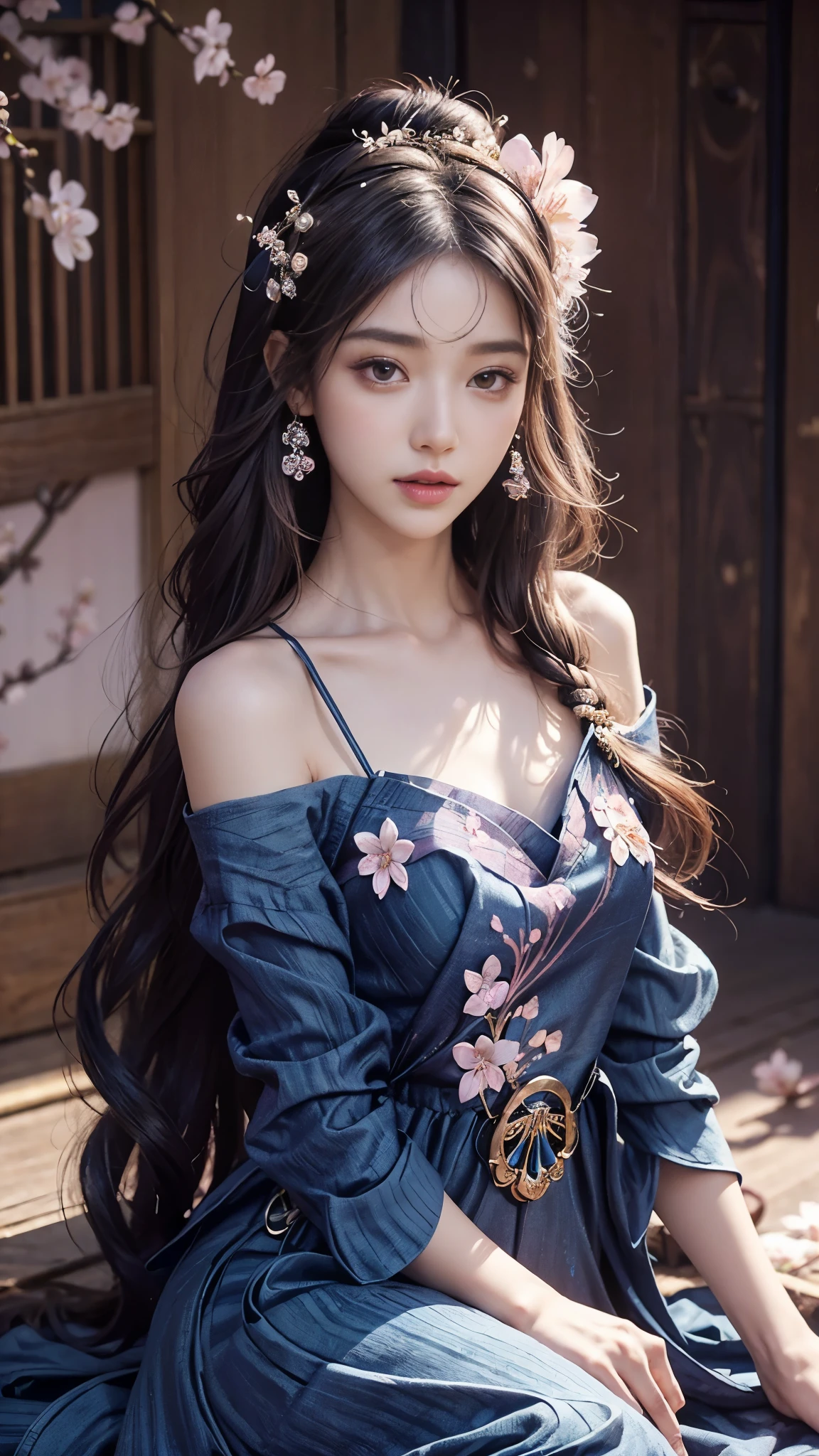 4K, Ultra HD, Masterpiece, 1 girl, (good face:1.4), detailed eyes, very long hair, princess dress, (indigo dress:1.5), ((loops:1.4)), (jwellery:1.5), (cherry blossom:1.5), (bloom effect:1.5), Detailed Fantasy Art, Stunning Character Art, beautiful Exquisite Character Art, Beautiful, Extremely Detailed, Exquisite Intricate Headdress and Jewellery, perfect body, looking directly at the audience, back upper body, sitting,