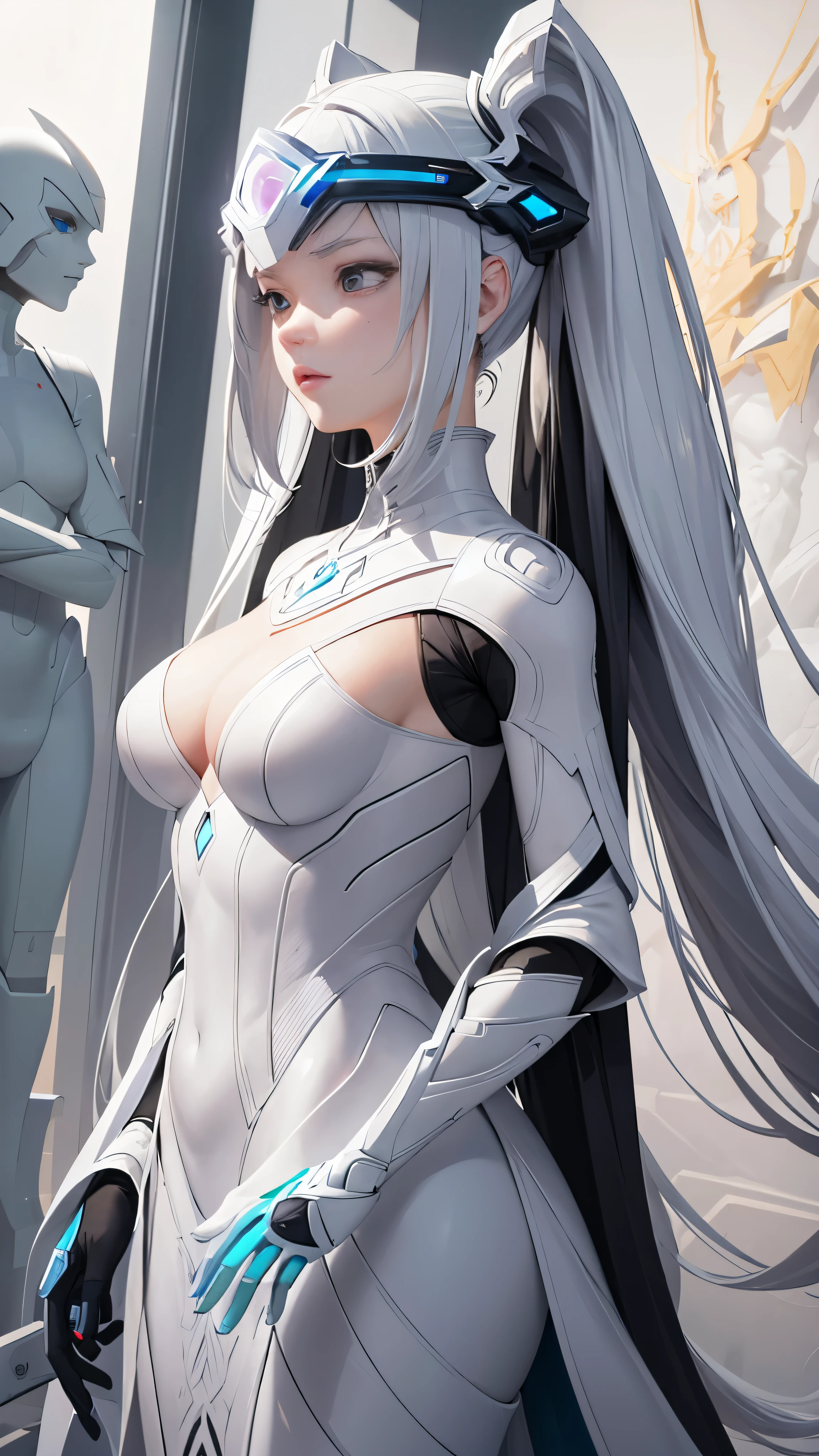 A captivating scene from a 2021 science fiction movie unfolds, as a woman, depicted as an android, stands amidst a room filled with intricately designed alien statues. Her meticulously crafted exterior, reminiscent of fine porcelain, contrasts starkly with the raw, organic forms of the statues surrounding her. Dressed in a pristine white armored suit, she confidently points a sleek weapon forward, her expression unreadable beneath a sleek visor.

This evocative scene, masterfully directed by Eiko Ishioka, was brought to life by the artistic collaboration between James Jean and Fenghua Middle School. The intricate