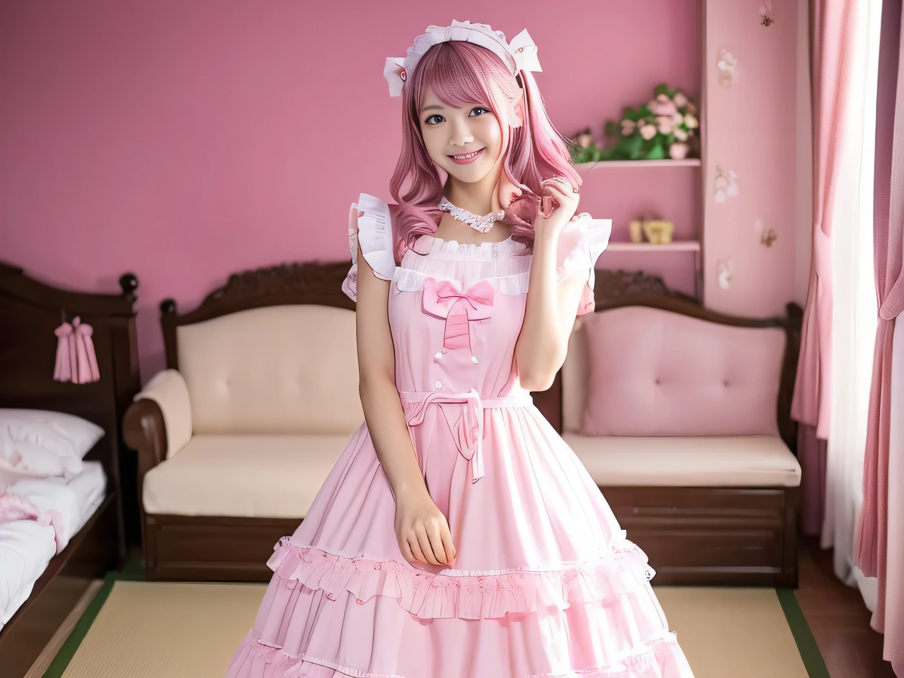 ((Pink heart shaped bed))　((Pink sofa))　((Pink Wall　Pink table　Pink Chair　pink floor))　((woman in a pink dress　Romanticism, Maid dress, Lolita Style, Lolita Fashion, wearing Maid uniform, Maid outfit, rococo ruffles dress, Catboy Cosplay! Maid! dress, anime girl in a Maid costume, japanese Maid cafe, wearing a pink dress))　(Full body photography:1.5)　((Her pink hair is very straight and shiny.:1.1. Shiny、Long Hair:1.1.Pink Hair、Fine hair、Plenty of volume.:1.1とPink Hair1.3))　((The bangs are cutely styled in a princess cut..:1.1))　((She has a typical Japanese figure., Typical skin tones and perfect skin tones for Japanese people,Cute beautiful makeup.　The lipstick is a little red))　((highest quality))　((Authentic photos taken by professional photographers　８ｋ))　((masterpiece))　(それにGet used to it)　Perfect beautiful face　double eyelid　(The most beautiful and attractive 24 year old Japanese woman)　((Rich 1.4))　(Get used to it)　(Ultra-fine skin texture 1.4)　(Actual, Vibrant:1.4),　Sharp focus:1.2、Beautiful woman:1.4　(The whole body is super beautiful々New skin texture)　(Professional, Pink lighting)　Beautiful and delicate shine　　(Her smile is the cutest　Staring at the audience)　(she is standing in the center of the room)