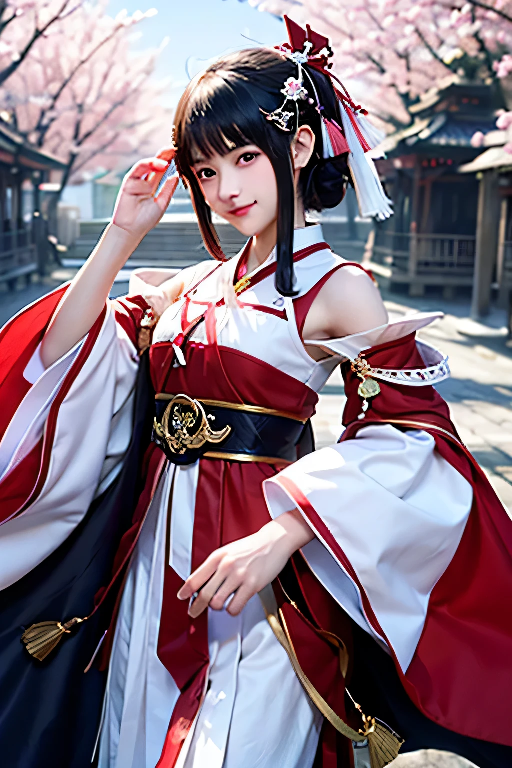 Gao Jiejie , highest quality,smile,smile,Small face,Exposed shoulders,Less cleavage exposure,Light brown hair,Slim figure,Brown eyes,Crisp contrast,short hair,Beautiful short hair,Precision quality,Faithfully reproduced eyes,Fantastic cherry blossom background,night, Bright Eyes, Hololive's Shirakami Fubuki,Beautiful digital art,Shrine maiden,Holding hands,Exquisite digital illustrations,Digital art on pixiv, Dazzling Light, High Contrast, Mysterious,