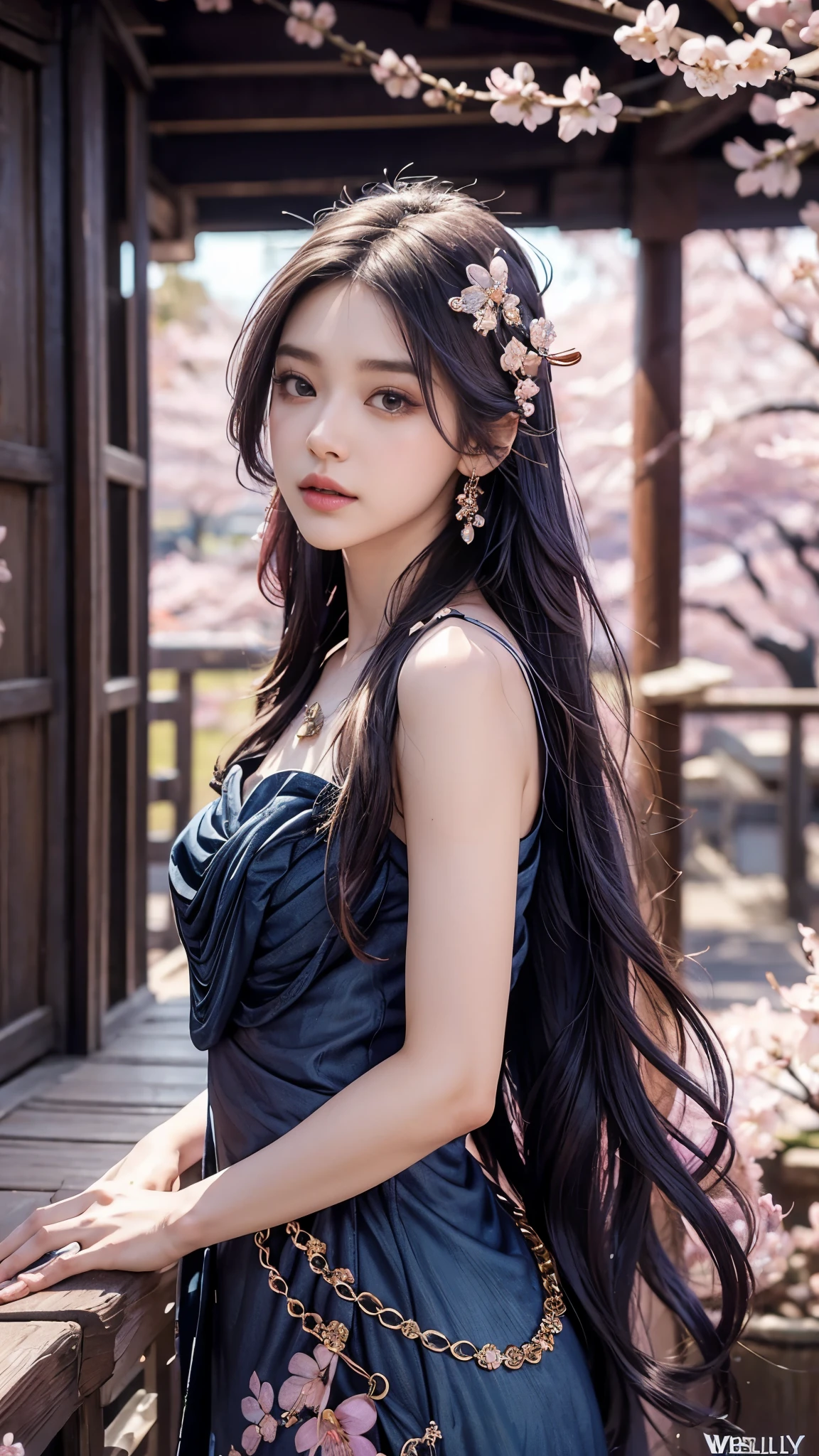 4K, Ultra HD, Masterpiece, 1 girl, (good face:1.4), detailed eyes, very long hair, princess dress, (indigo dress:1.5), ((loops:1.4)), (jwellery:1.5), (cherry blossom:1.5), (bloom effect:1.5), Detailed Fantasy Art, Stunning Character Art, beautiful Exquisite Character Art, Beautiful, Extremely Detailed, Exquisite Intricate Headdress and Jewellery, perfect body, looking directly at the audience, back upper body,