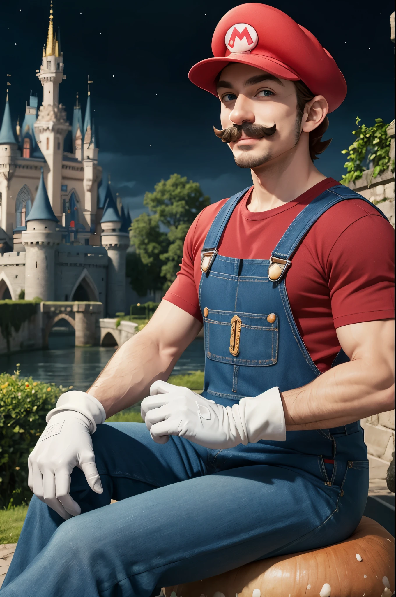 supermario sitting on a mushroom, wearing red shirt, blue overalls, white short gloves, red hat, mustache, blue eyes, looking at viewer, smiling, outside, castle background at midnight, extremely detailed, hdr
