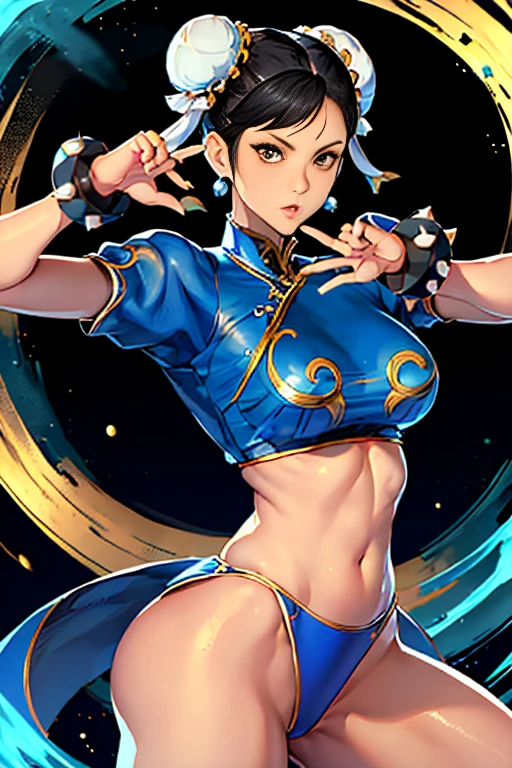 In the captivating world of Street Fighter II, the iconic Chun-Li emerges, donning her perfect, authentic costume. The blue and gold thread cheongsam hugs her figure, delicately revealing her puffy short sleeves, as her bun head sits elegantly atop her slender neck. With a nice cover shielding her from the elements, Chun-Li confidently assumes her fighting stance, prepared for battle.

Masterpiece identification:
1 beautiful girl with an exquisitely beautiful face
Beautiful eyes, round and bright, radiating an allure that's impossible to ignore
Puffy eyes, adding a touch of softness and vulnerability to her