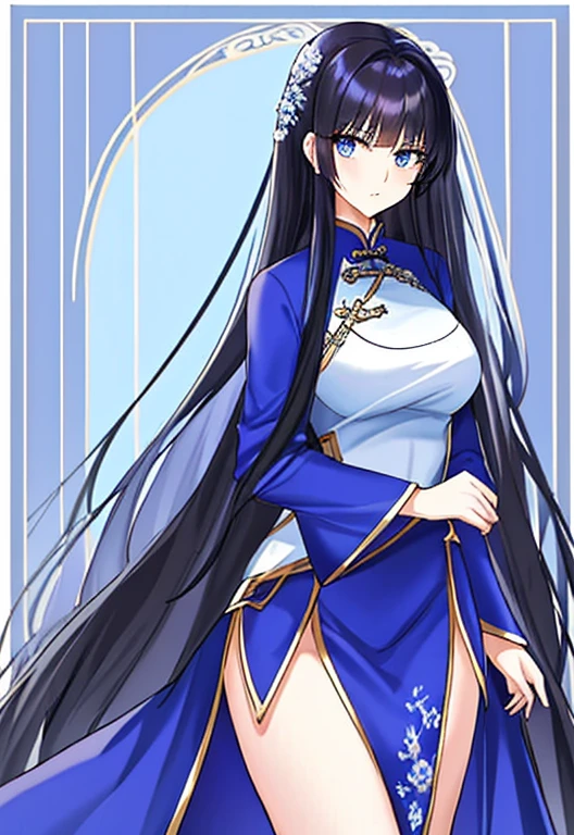 She has long, black, beautiful hair.,Big blue eyes,Deep purple hair,Height 1.85 meters,Fair skin。Calm personality,Cold but elegant,Sometimes lively。Blue and white Chinese dress,Layered skirt,