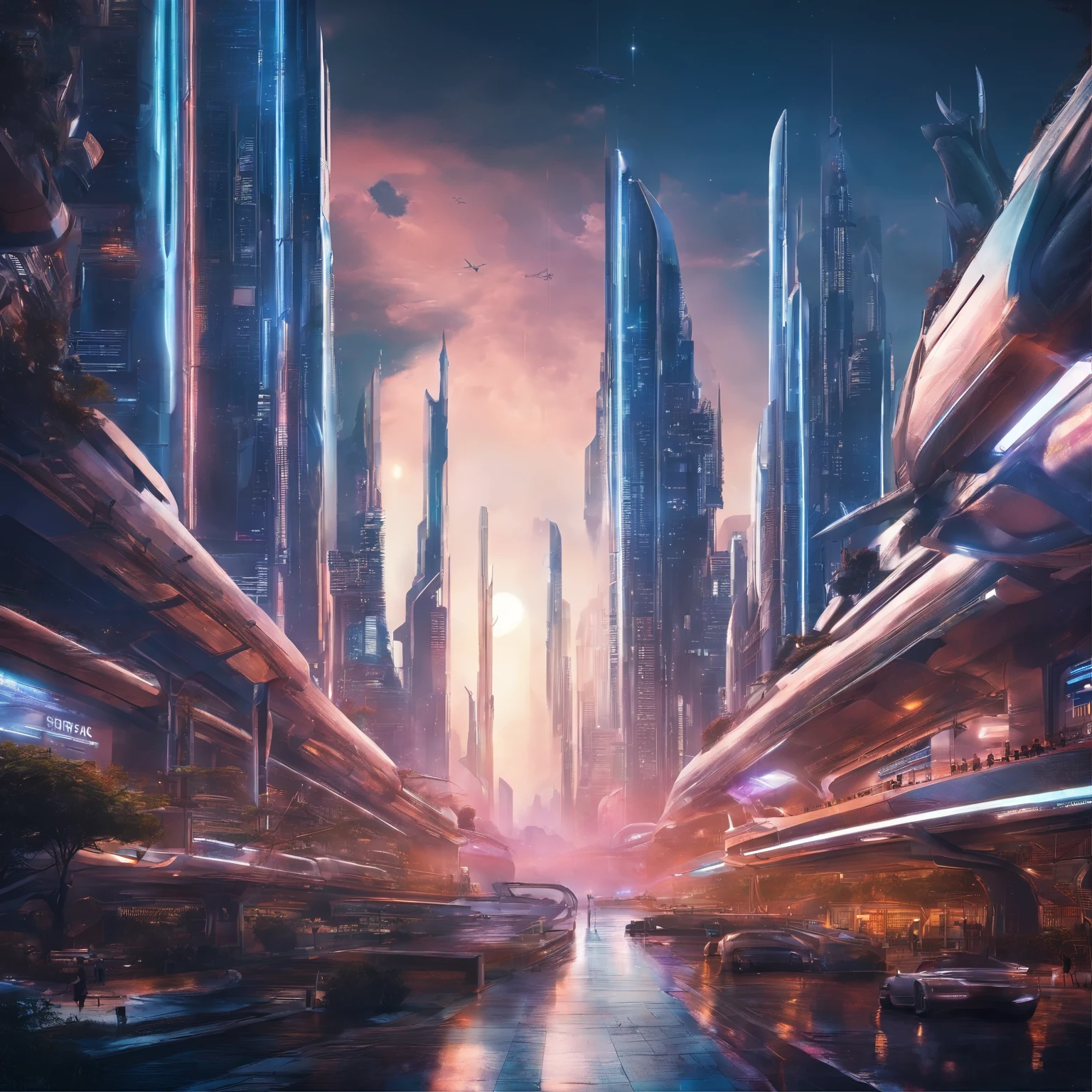 futuristic city with futuristic modern skyscrapers in the foreground seen from the street hyperrealistic