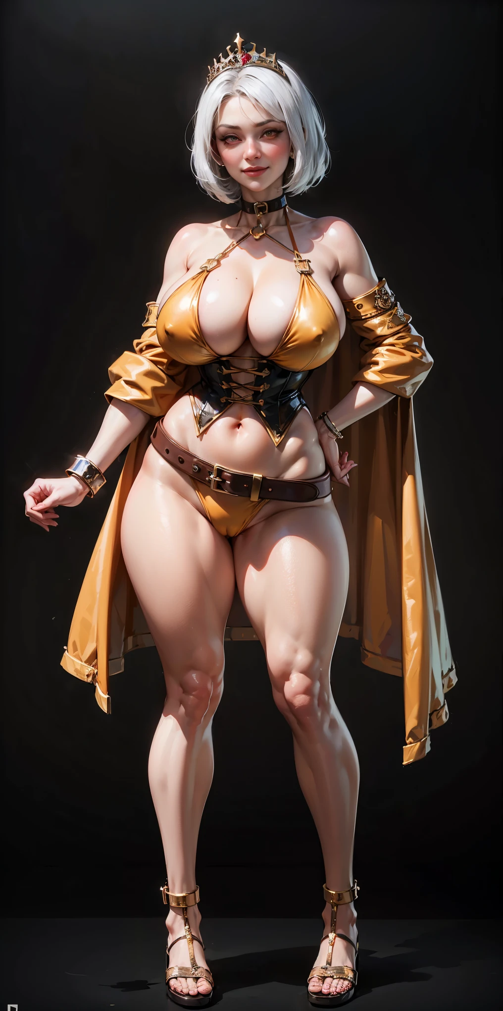 ((BLACK BACKGROUND,1:2, masterpiece)), full body MILF BIMBO standing with two long thighs and two high heels, red eyes, silver white hair, short bob style hair, big breasts, cleavage, separate sleeves, tiara royal, long cape up to two feet, yellow bikini, hands on waist, navel, lustful smirking smiling, smile face (red blushed, red cheeks), metal shoulders, gold sleeveless armbands, black leather choker slave collar, shackle bracelets, sex slave red crest, full body MILF BIMBO standing with two long thighs and two metal sandals, red eyes, silver white hair, short bob style hair, big breasts, cleavage, separate sleeves, tiara royal, long cape up to two feet, yellow bikini, hands on waist, navel, lustful smirking smiling, smile face (red blushed, red cheeks), metal shoulders, gold sleeveless armbands, black leather choker slave collar, shackle bracelets, sex slave red crest, pauldrons, breastplate, corset, eye focus, full body, whole body. 1solo . slave fighter, loincloth standing, hands on hips, metal sandals, backpack, choker, big belt, view from below, feet together, bracers, tiara)