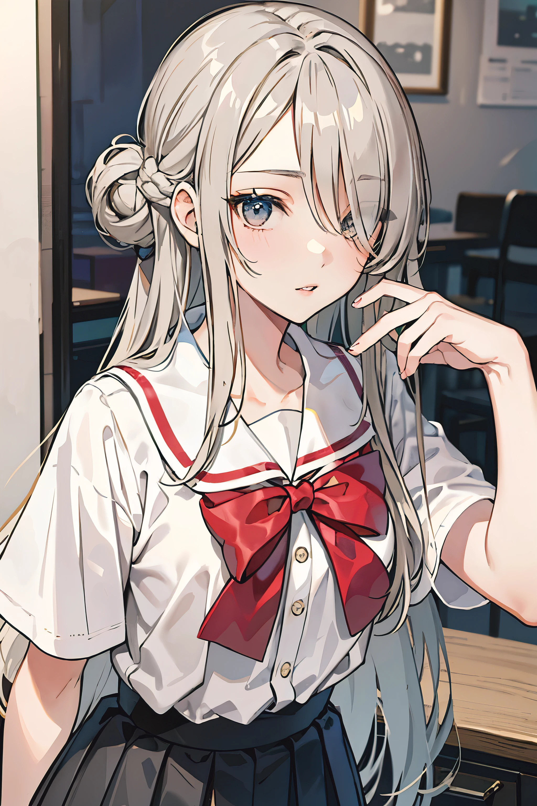 ((best quality)), ((masterpiece)), (detailed), perfect face,extra long hair,hair over one eye,half updo,skinny body, high school student,smaill