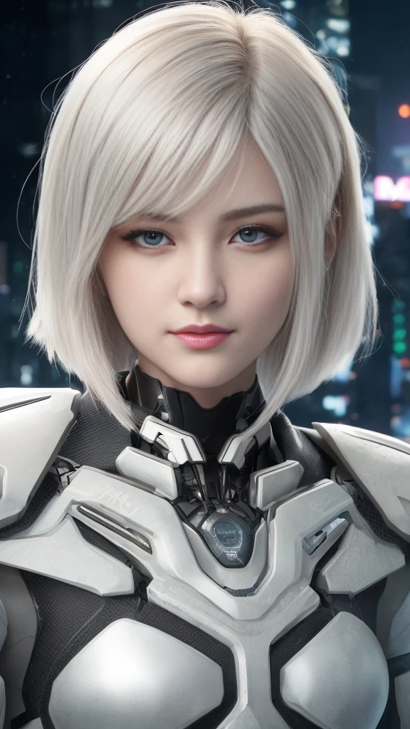 (8k, masterpiece, best quality), Super detailed, Delicate and beautiful round eyes, Facial details are exquisite, high quality, high resolution, Cyberpunk Girl, , Mecha, ruins, Perfect anatomical structure, white hair, perfect face, at night, Red moon background