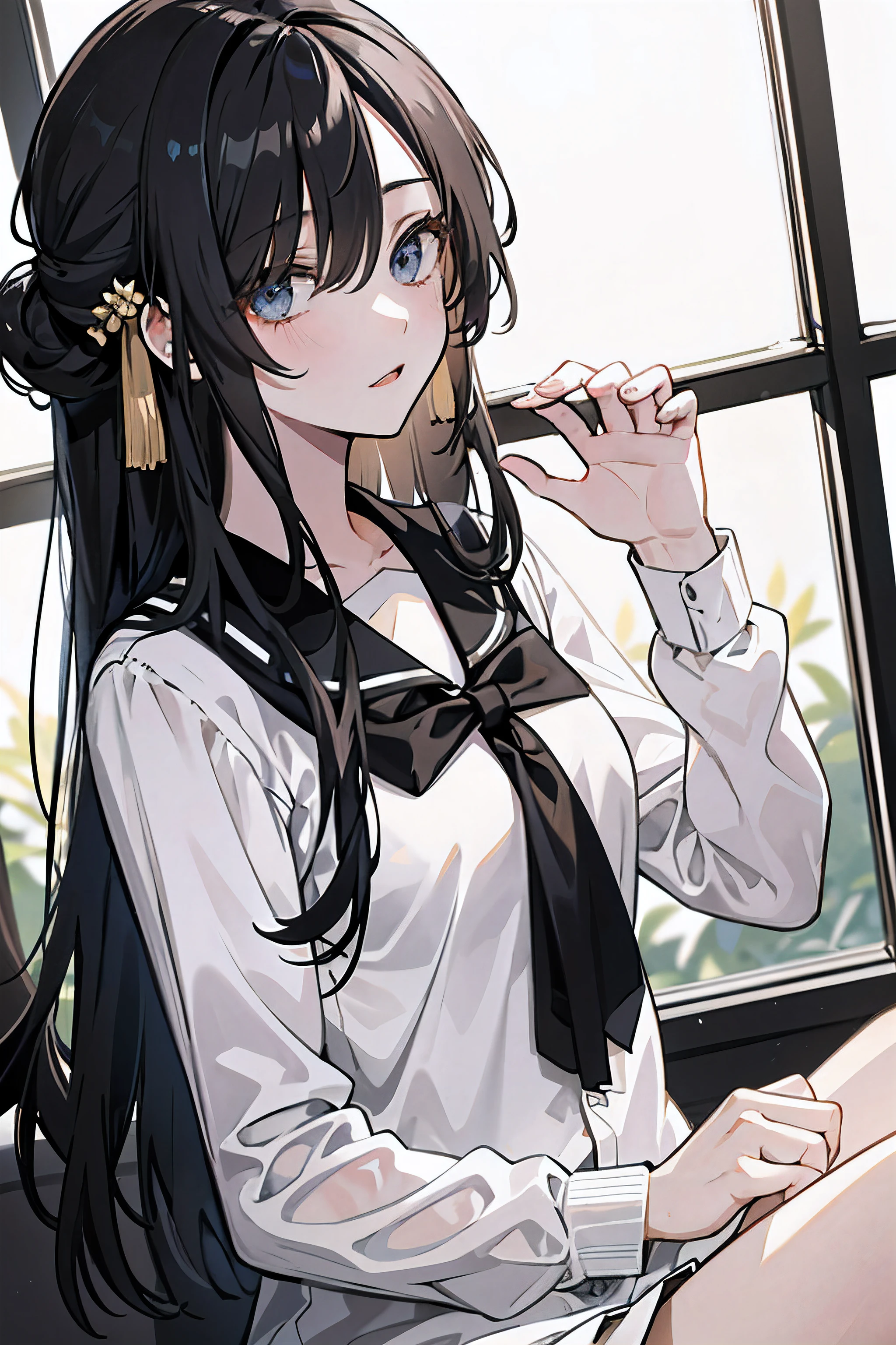 ((best quality)), ((masterpiece)), (detailed), perfect face,extra long hair,hair over one eye,half updo,skinny body, high school student,smaill