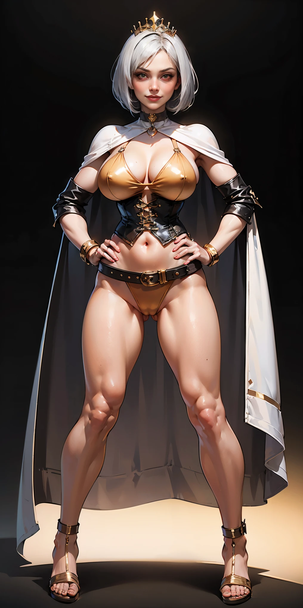 ((BLACK BACKGROUND,1:2, masterpiece)), full body MILF BIMBO standing with two long thighs and two high heels, red eyes, silver white hair, short bob style hair, big breasts, cleavage, separate sleeves, tiara royal, long cape up to two feet, yellow bikini, hands on waist, navel, lustful smirking smiling, smile face (red blushed, red cheeks), metal shoulders, gold sleeveless armbands, black leather choker slave collar, shackle bracelets, sex slave red crest, full body MILF BIMBO standing with two long thighs and two metal sandals, red eyes, silver white hair, short bob style hair, big breasts, cleavage, separate sleeves, tiara royal, long cape up to two feet, yellow bikini, hands on waist, navel, lustful smirking smiling, smile face (red blushed, red cheeks), metal shoulders, gold sleeveless armbands, black leather choker slave collar, shackle bracelets, sex slave red crest, pauldrons, breastplate, corset, eye focus, full body, whole body. 1solo . slave fighter, loincloth standing, hands on hips, metal sandals, backpack, choker, big belt, view from below, feet together, bracers, tiara)